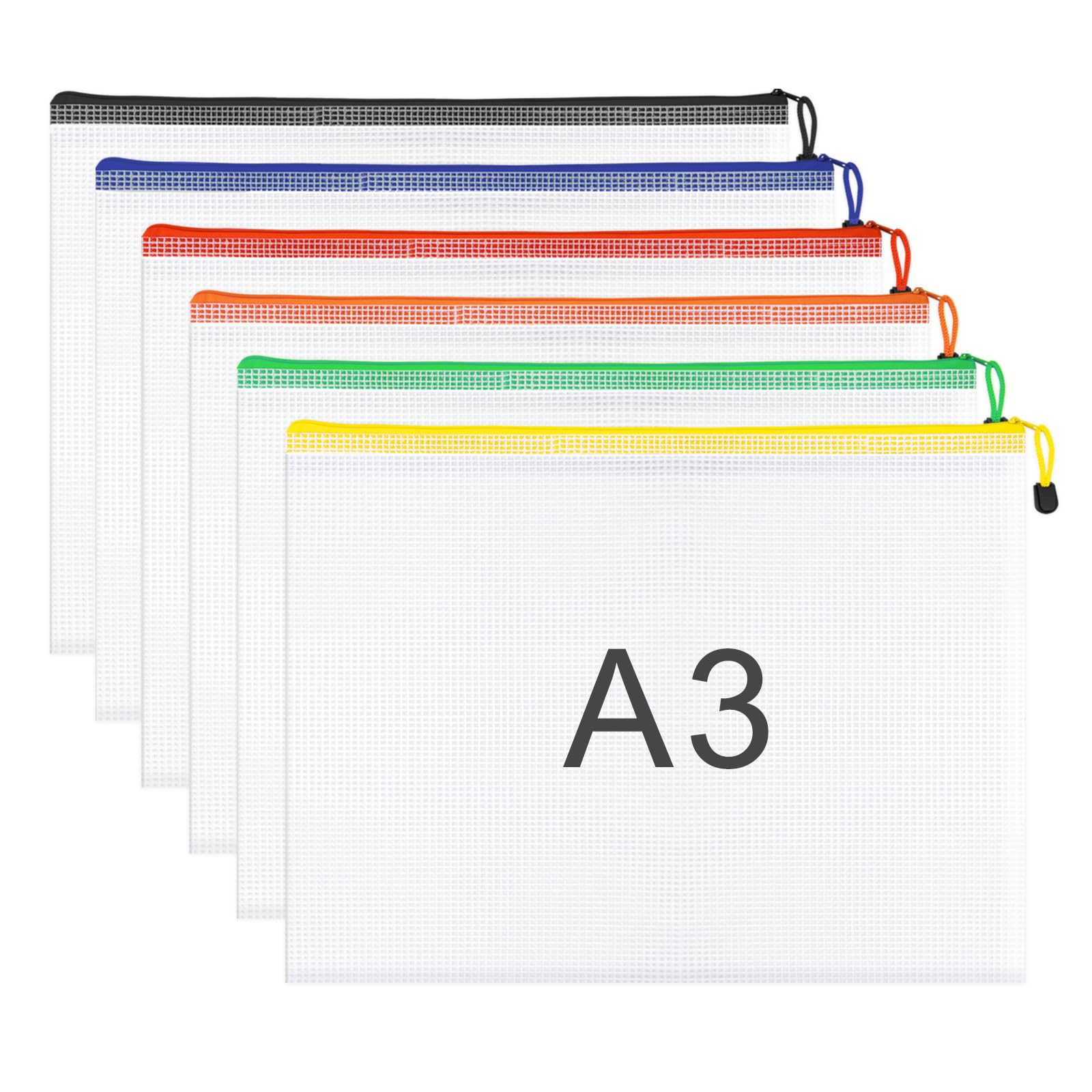 WISYOK 6pcs A3 Plastic Wallets Zip, Zip Lock Bags Mesh, Plastic Folders, Document Wallets, Zip Folders, Zipper File Bags for Office, School, Travel, Home (41×31cm, 6 Colors)