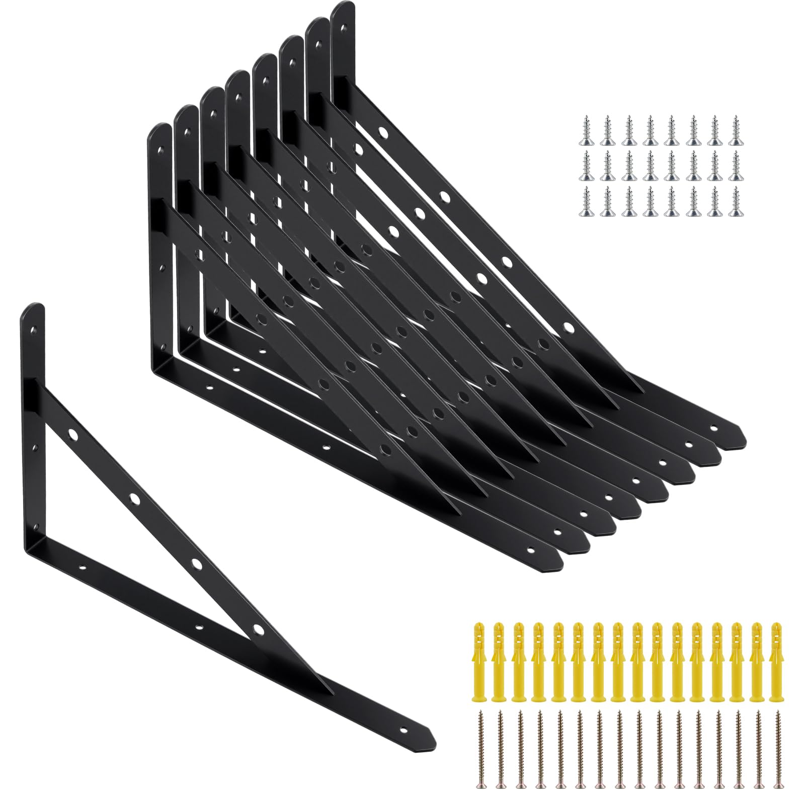 MAKTSAM Set of 8 Heavy Duty Shelf Brackets, 16 Inch Wall Mounted Triangle Shelving Brackets with Mounting Hardware, Black Right Angle Shelf Support