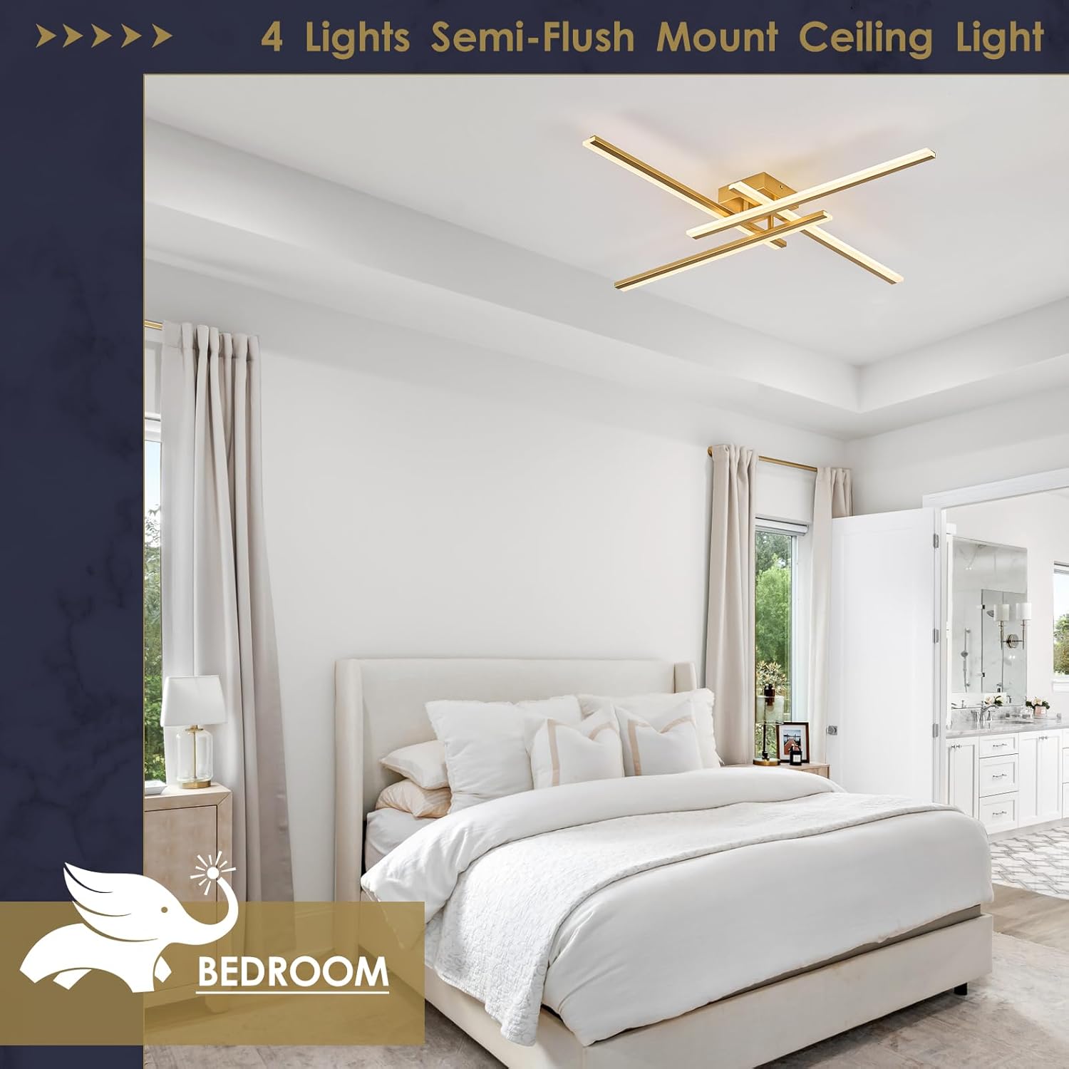 Gold Modern Led Chandelier 4-Lights Semi-Flush Mount Ceiling Lighting Fixture 35.4” Dimmable Remote Control Ceiling Light for Living Room Bedroom Kitchen Foyer
