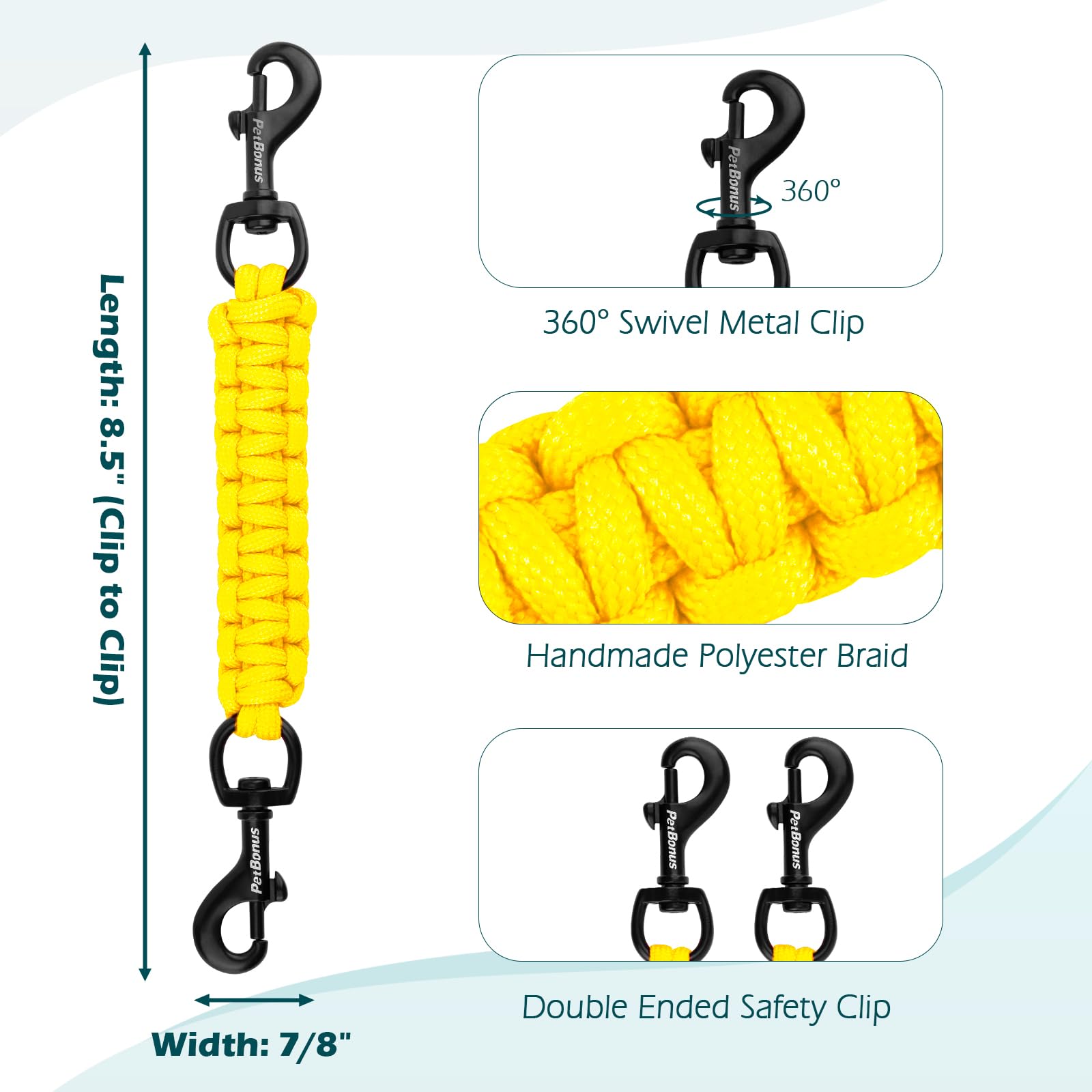 PetBonus Dog Collar Safety Clip, Handmade Backup Safety Strap for Dog Harness Double Ended Clasp Leash Connector (Yellow) - Image 2