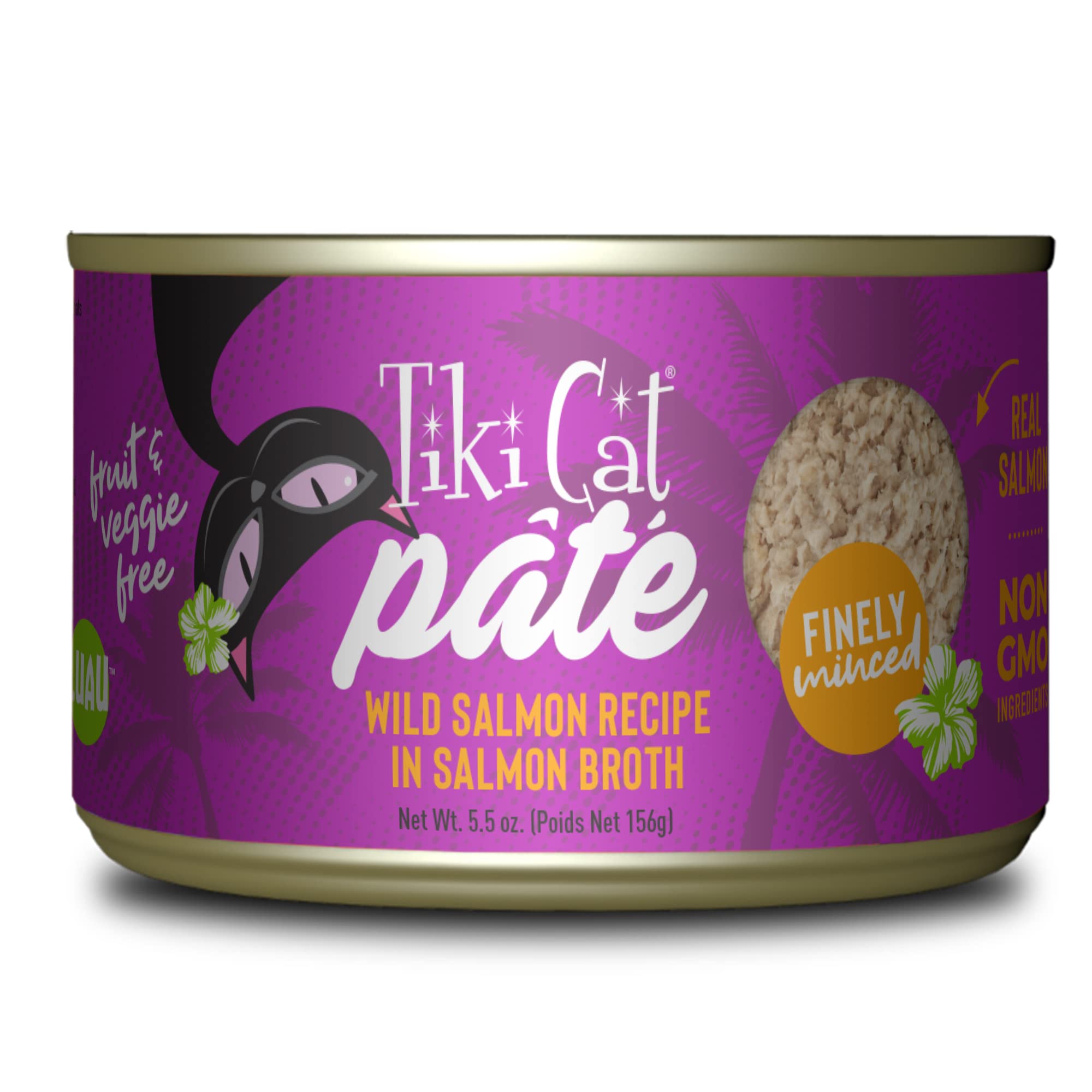 Tiki Cat Luau Pâté, Wild Salmon Recipe in Salmon Broth, Grain-Free Balanced Nutrition Wet Canned Cat Food, for All Life Stages, 5.5 oz. Cans (Pack of
