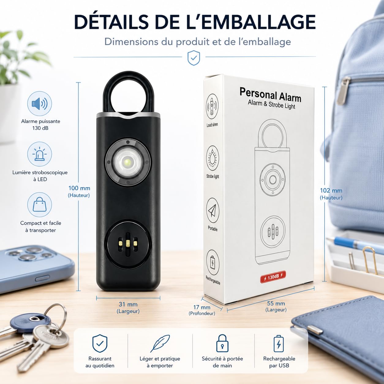 Version Améliorée Vigipulse Alarme De Poche 2026, Porte Clef Alarme Anti Agression avec Sirène Puissante Et Lumière LED, Sécurité Portable pour Femmes Hommes Enfants Personnes Âgées (Rose)
