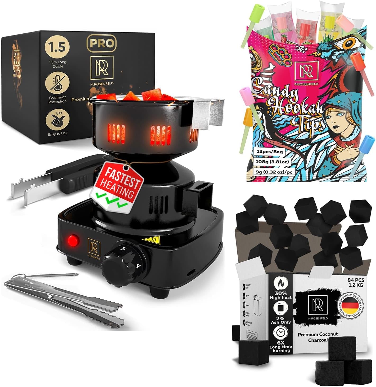 PRO Hookah Coal Burner for Hookah – Professional FIRE Tower Multipurpose Electric Stove - 84 pcs Premium Hookah Charcoal Hookah Coals for Hookah Coconut 25mm Cubes - Candy Hookah Tips - 12 pcs Glow