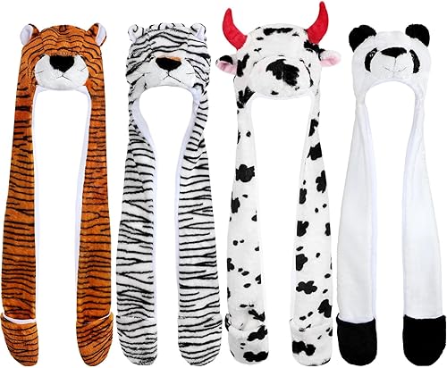 Liliful 4 piezas de peluche novedoso sombrero de animal para niños, sombrero de orejas de dibujos animados 3 en 1, gorro de invierno con capucha de