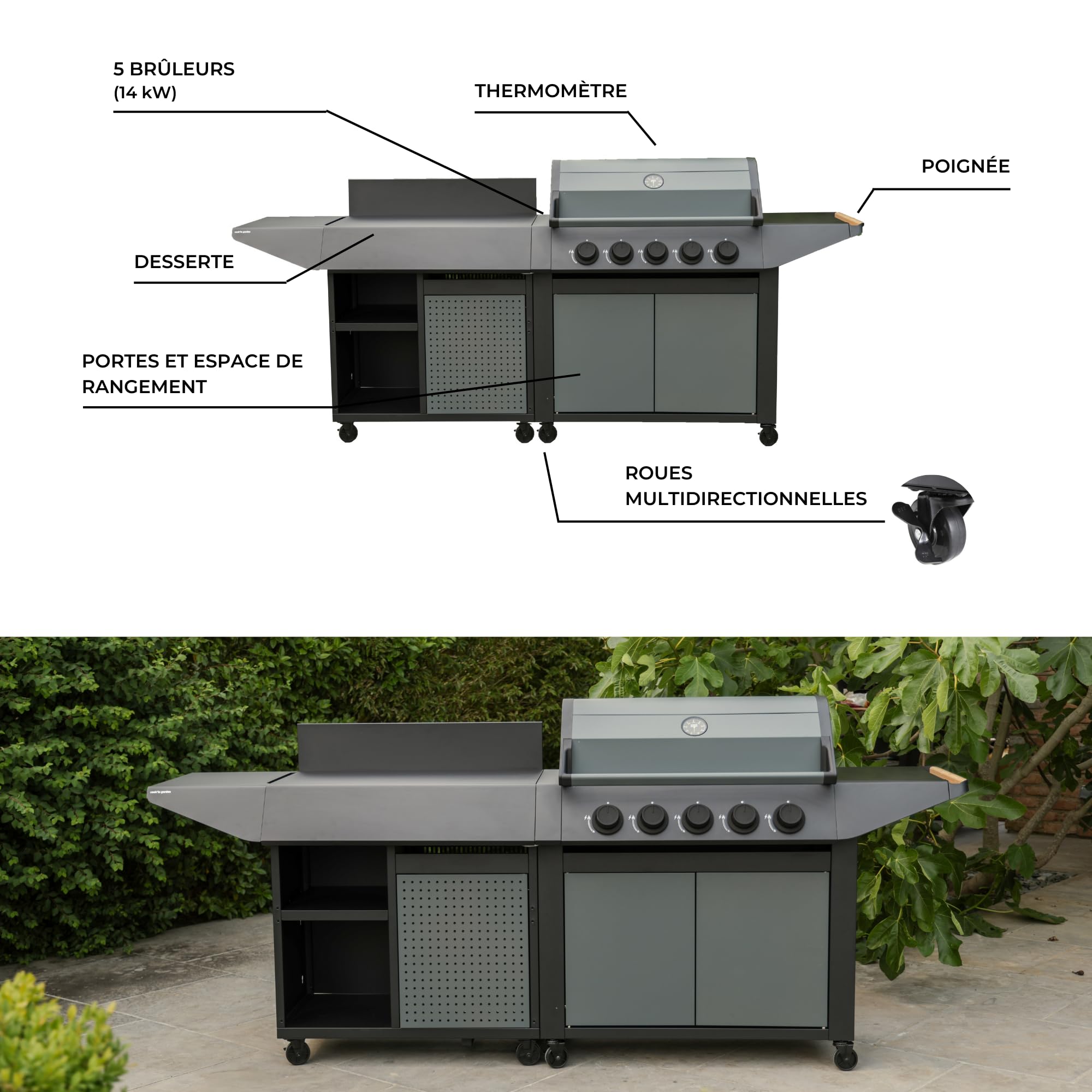 Cook'in Garden - Cucina Esterna Gas BURN, Barbecue con Desserte integrato, 5 Bruciatori, Termometro incorporato, Spazio aggiuntivo, Struttura in Acciaio, Ideale per 12 commensali