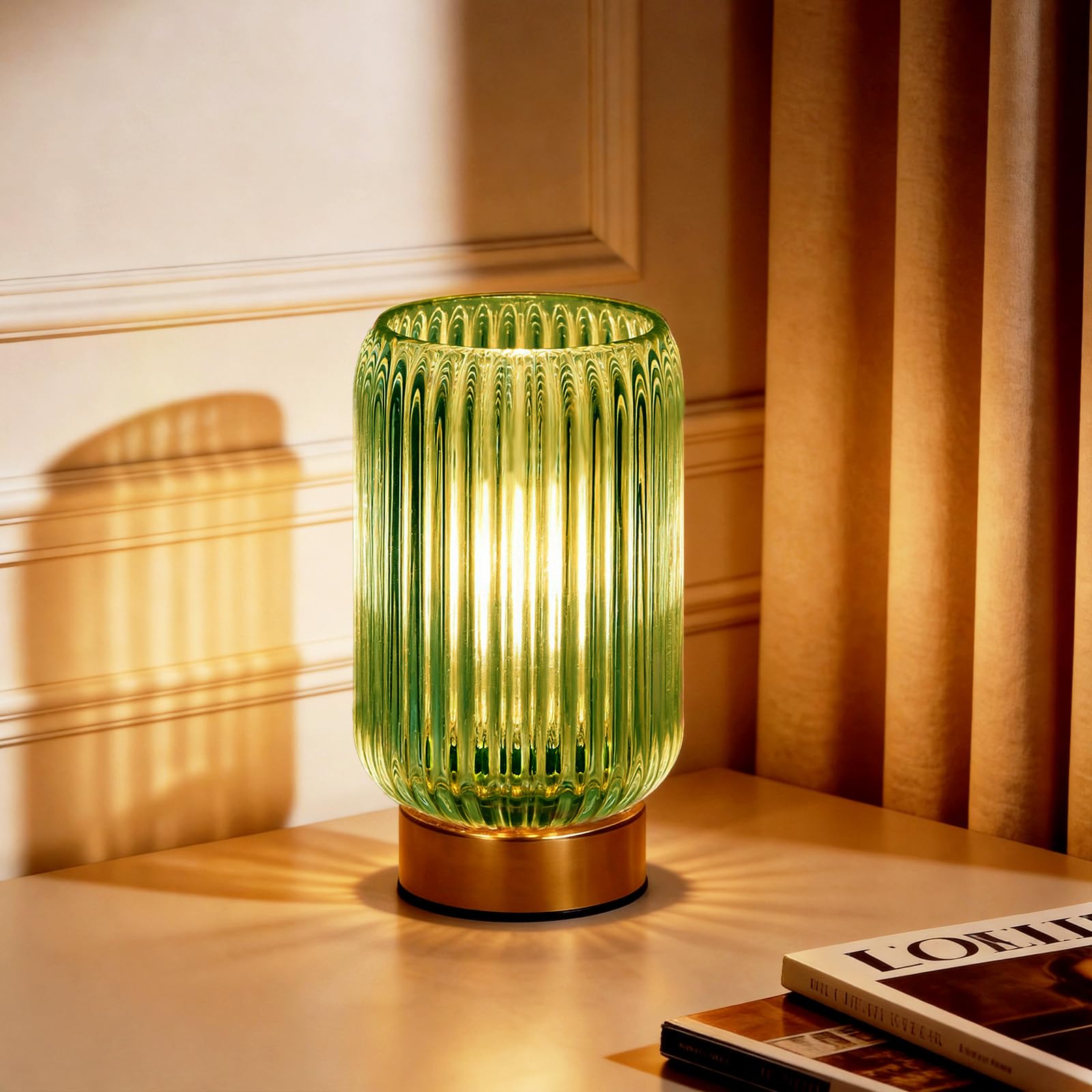 MJ PREMIER Cordless Lamp, Battery Operated Lamp with Timer, Purple Glass Lampshade, Small Table Lamps for Area No Plug, Decorative Led Light for Bedroom Living Room Shelf (Green)