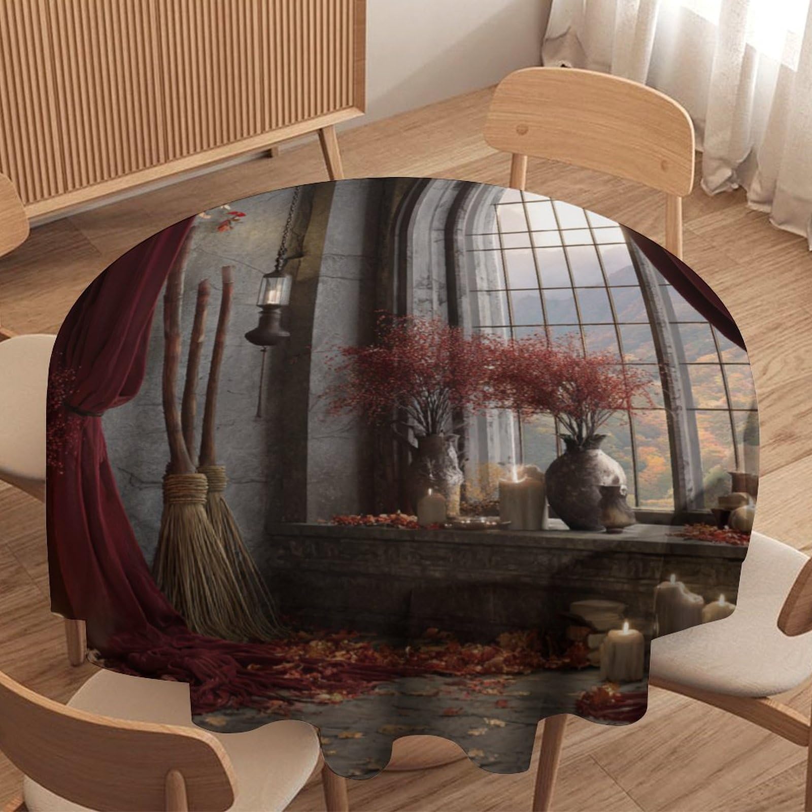 LUYYSKY Antique Realistic Gothic Castle Waterproof Round Tablecloth Vintage Classic European Architecture Flowers Print Washable Table Cover for Kitchen-177.8" Wx177.8 L cm