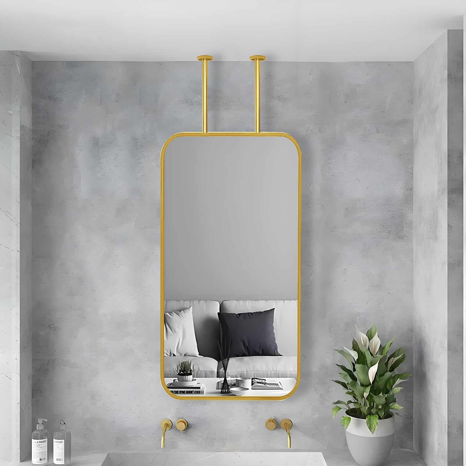 FGXHHS Gold Ceiling Mounted Mirror with Hanging Metal Rod, Vanity Mirrors Frame, Rectangular, Customizable Rod Wall Mirror(40cmx70cm)