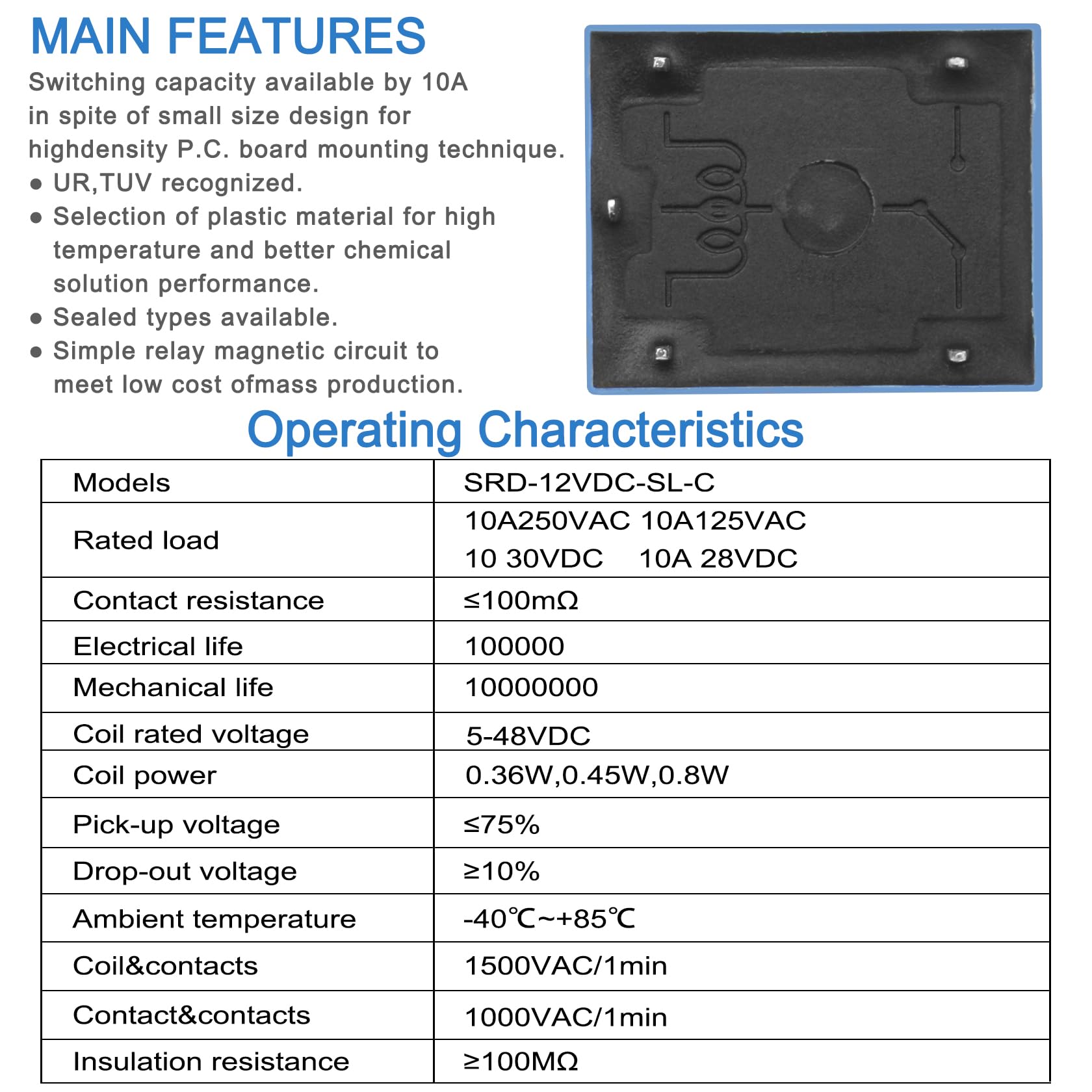 Heschen relè per circuito stampato, SRD-12VDC-SL-C, 12VDC, SPDT, 10A 250VAC, per terminali a 5 pin, confezione da 2