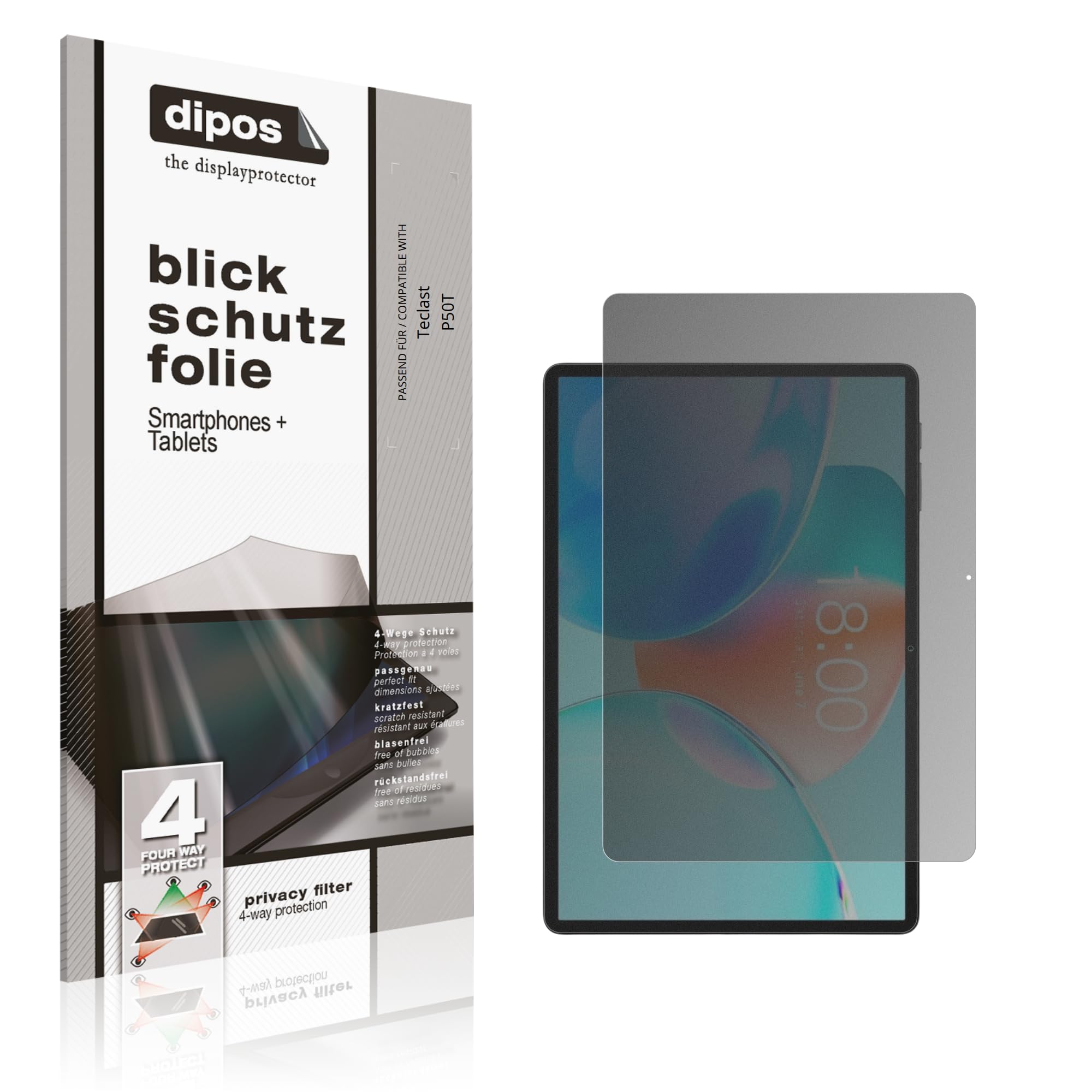 dipos Protector de Pantalla Antiespía para Teclast P50T | Película protectora mate, filtro de privacidad 4 vías, ajuste perfecto, antiarañazos, sin burbujas, autoadhesivo