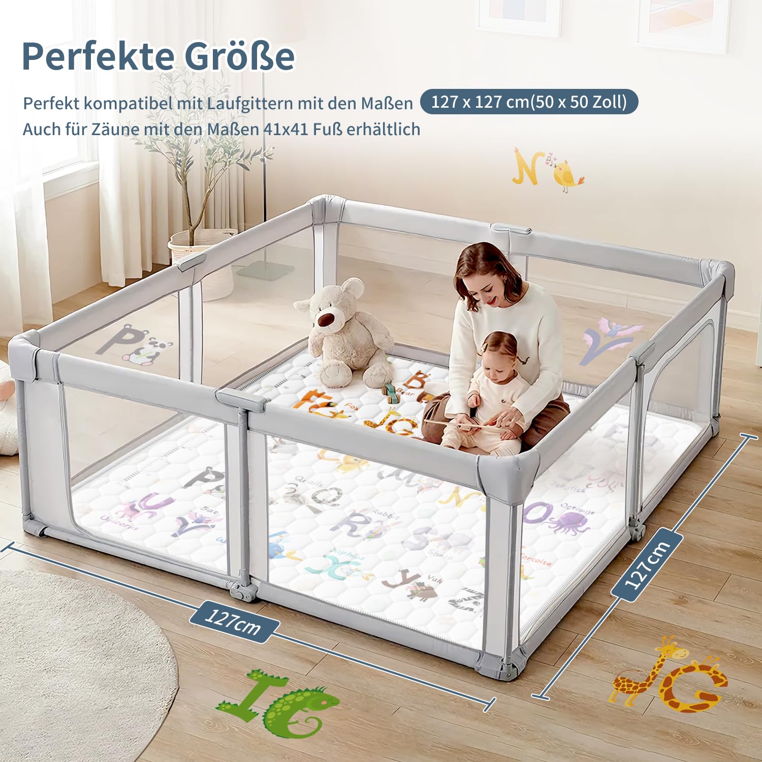 Tappeto Gioco Bambini 127x127cm,Addensare Tappeto Gioco Neonato Pieghevole con 26 Lettere,Stampa Animalier e Righello per l'altezza,Educare Tappeto Neonato,Antiscivolo,Lavabile in Lavatrice