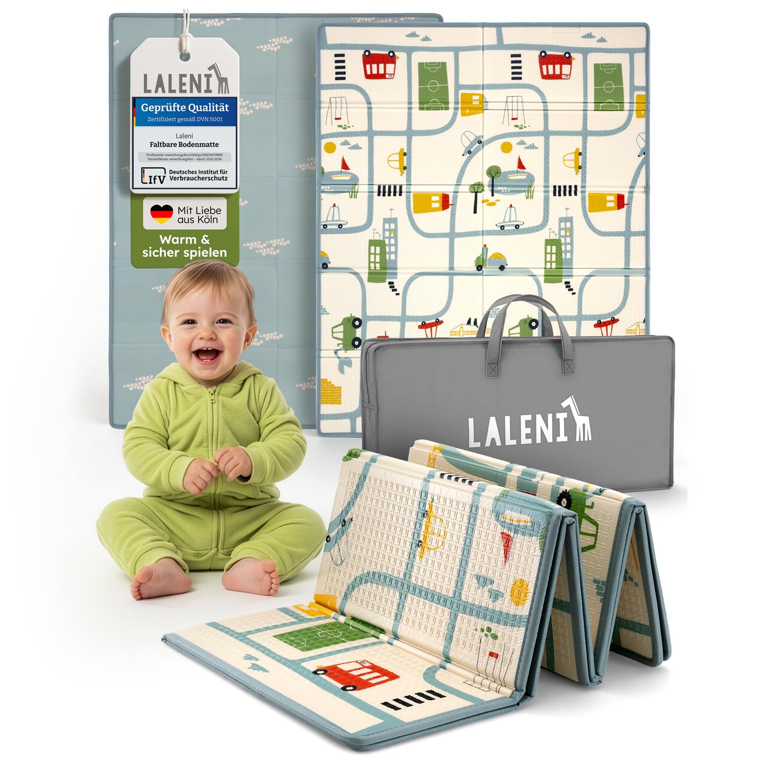 Laleni Krabbelmatte Baby 120x150x1 cm - wasserdichte Spielmatte Baby faltbar - isolierende Bodenmatte Kinder - weich & schützt vor kaltem Untergrund - Krabbeldecke outdoor & indoor - Auto-Motiv