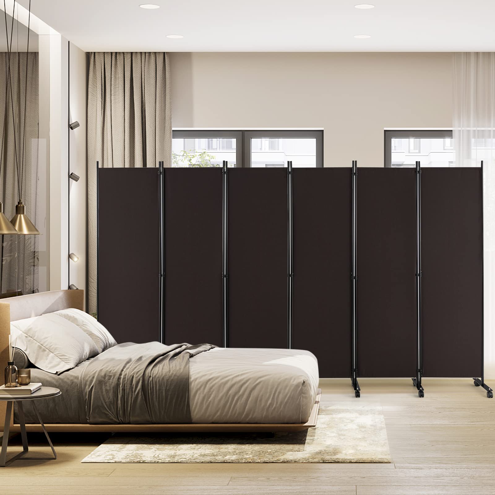GIANTEX Paravent intérieur sur roulettes - 6 pièces - 334,5 x 172 cm - Paravent Pliable en Tissu - avec Pieds Larges -Protection privée (Marron)