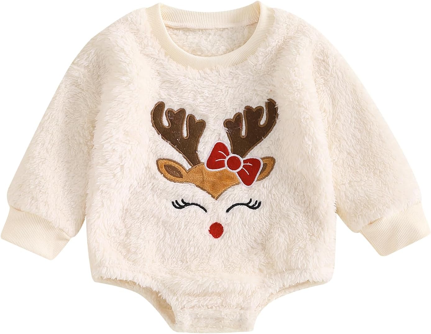 Kayotuas Baby Christmas Outfit Girl Boy Elk Bow Embroidered Fleece Sweatshirt Romper Jumpsuit Long Sleeve Sweater Bodysuits