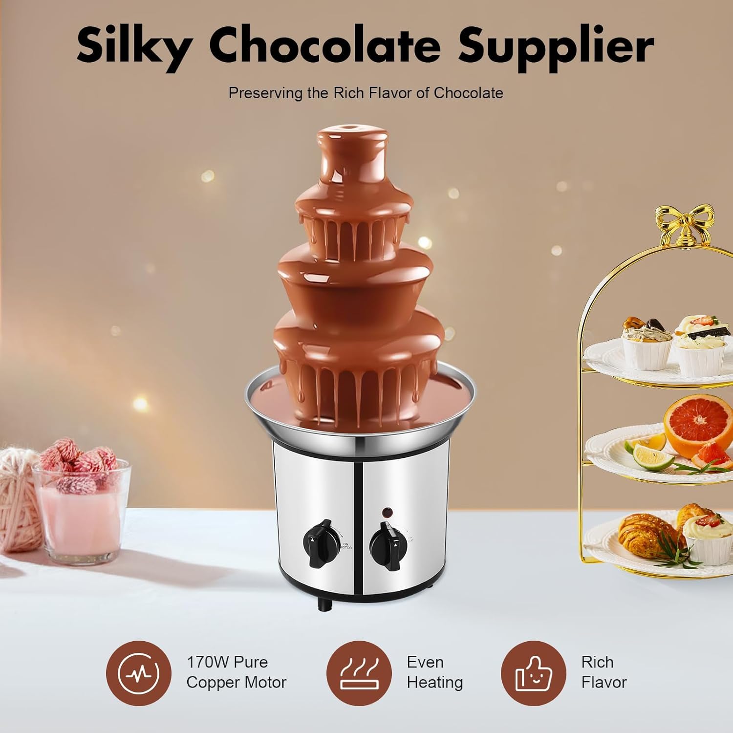 Chocolate Fountain Machine, 4-Tier Stainless Steel Chocolate Melts Dipping Fondue Fountain With Sealing System, Electric Commercial Chocolate Waterfall Heated Melting Machine Adjustable Temperature