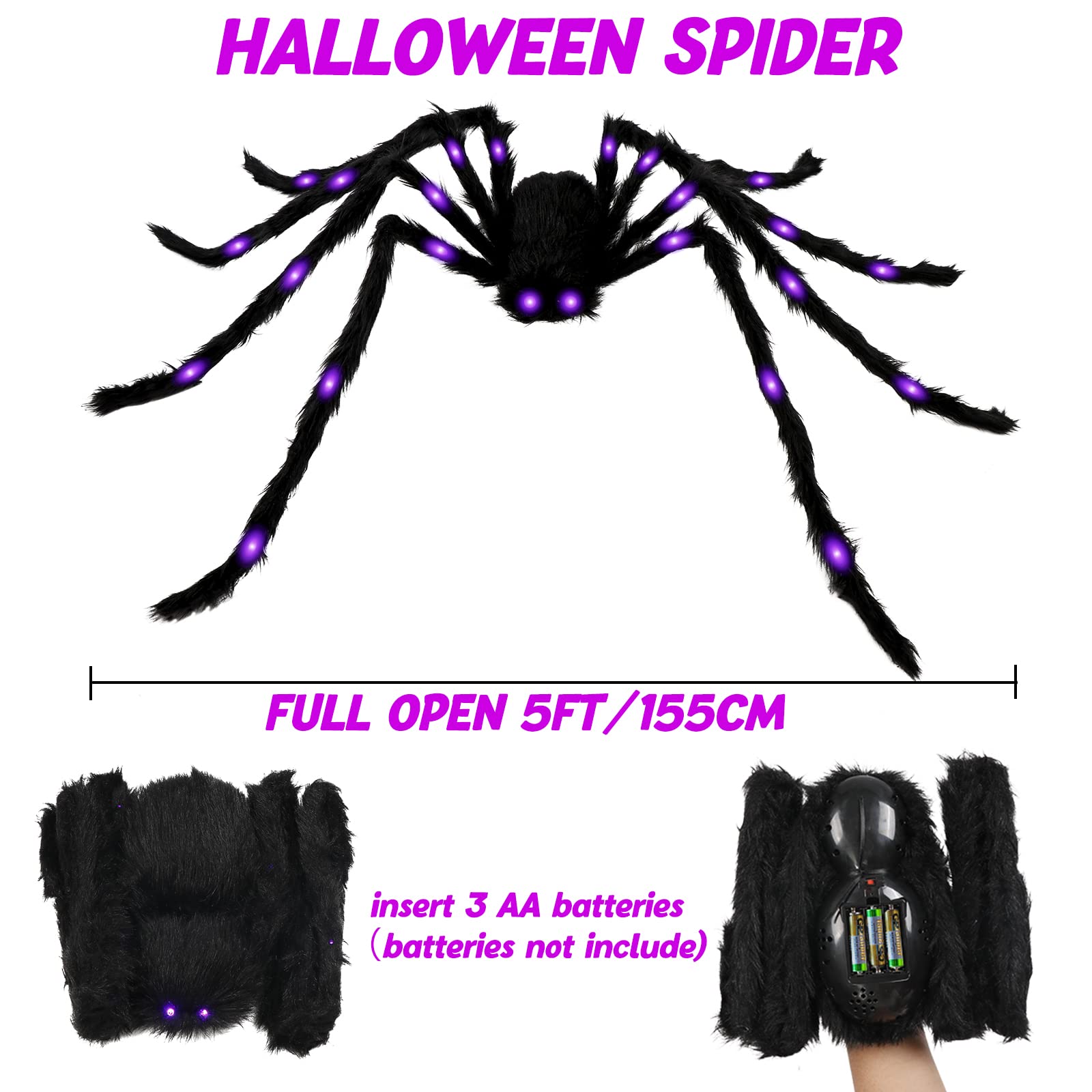OurWarm 5ft Halloween Spider Decorations Outdoor, Giant Spider with Purple LED Lights, Scary Fake Spider Hairy Spider Props for Halloween Indoor Outdoor Yard Lawn Party Haunted House Décor