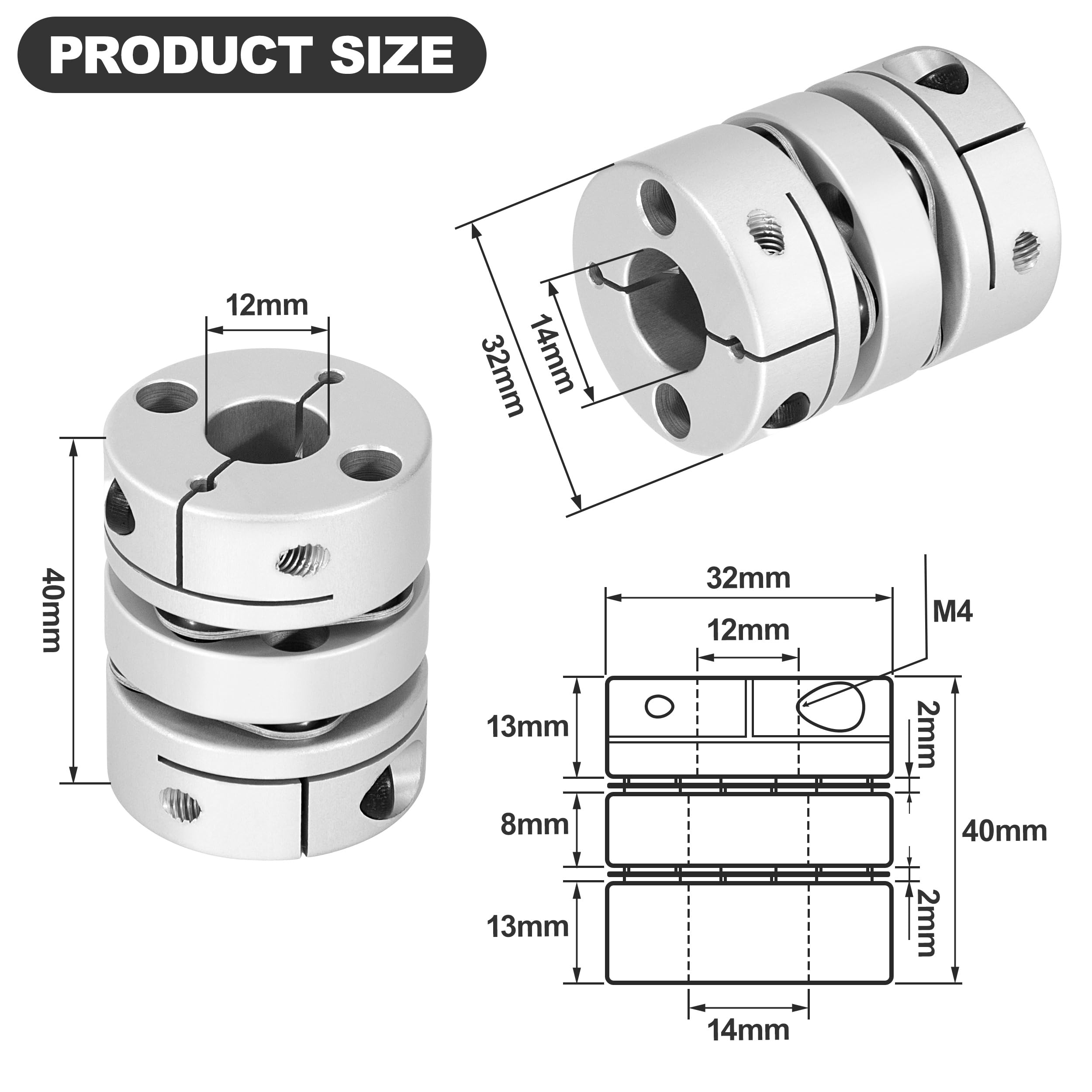Coupleur Arbre Moteur en Aluminium, D32 L40 Membrane Flexible couplage, Joint d'accouplement flexible de roue diaphragme pour imprimante 3D, machine CNC et servomoteur pas (12 x 14 mm)