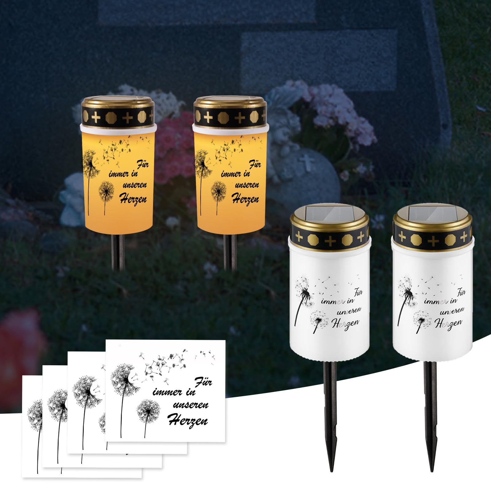 Silkwish 2er-Set Solar Grablicht mit Erdspieß & Löwenzahn Aufklebern - IP65 Wetterfest Flackernden LED Grabkerze - Solar Friedhofskerzen Grableuchten für Immer in Unseren Herzen (Warmweiß)