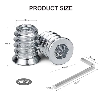 20Pcs M6 X 10mm Threaded Inserts Nuts, Threaded Inserts for Wood, Hex Socket Screw-in Nuts, Flat Head Threaded Rivet with Wrenches for Pine Plywood Wood Furniture Cabinet