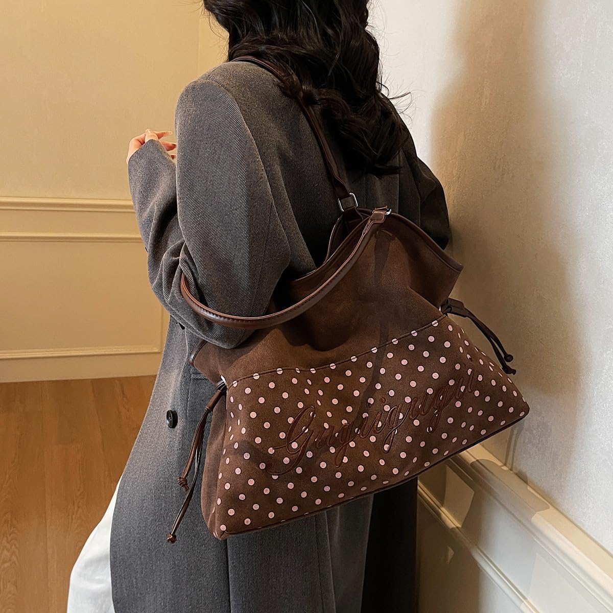 Polka Dot Bag for Women Mori Dimsum Bag Brown Tote Handbag Slouchy Hobo Bag with Drawstring on Both Sides Top Handle