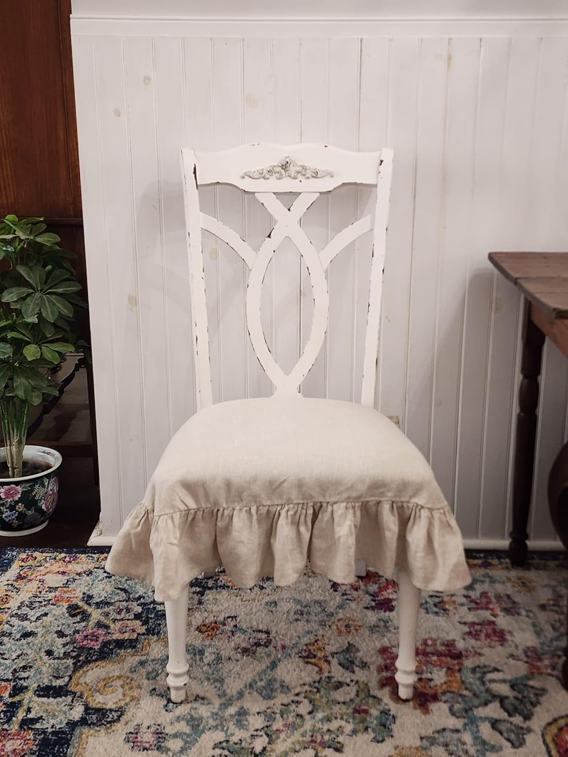 Amazon.com: Linen Dining Chair Slipcover Seat 3 Sided Ruffle : Home ...