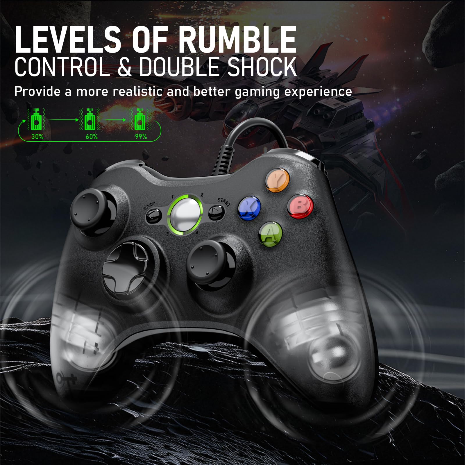 Diswoe 2 Pack Manette pour Xbox 360, 2 Pack Manette PC, Joystick Manette de Jeu pour Xbox 360/ Slim/PC Windows 7/8/10/11/XP, Gamepad Filaire avec Double Vibration/Design Ergonomique - 4