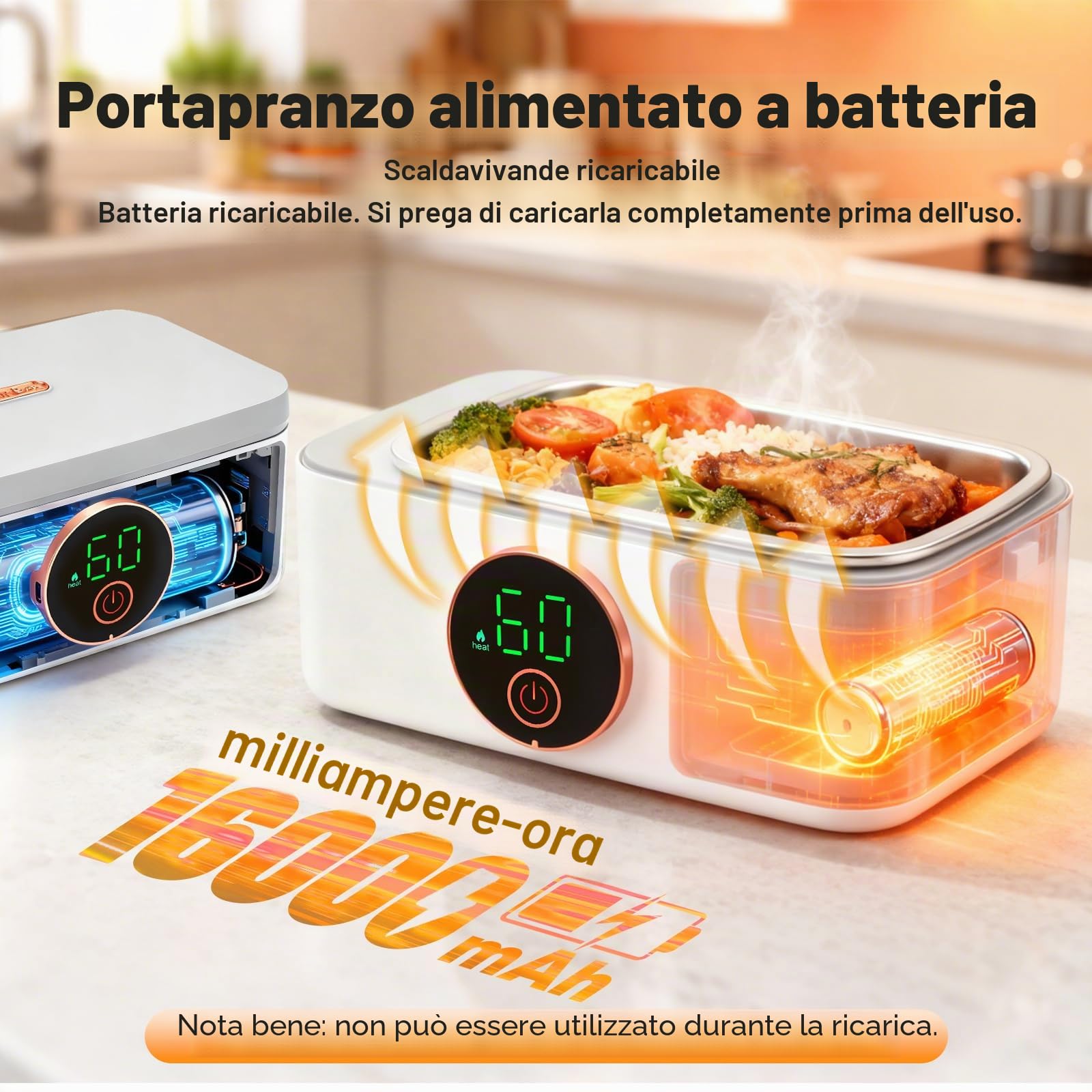 Contenitore per il pranzo elettrico con batteria, senza fili, portatile, riscaldato, 1 l, in acciaio inox, isolato e autoriscaldante, 6 temperature e 6 timer, per ufficio, picnic, auto, esterno