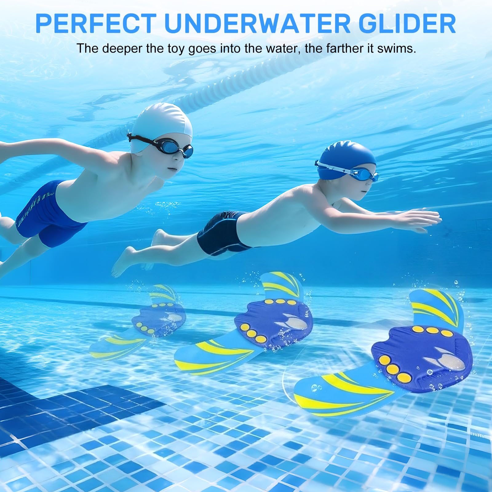 Set di 2 alianti sottomarini giocattolo piscina per bambini – giocattolo acquatico con alettoni regolabili, giocattolo per immersioni con design a raia manta, gioco piscina e spiaggia per