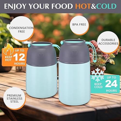 Miniatura 4 de Contenedor de sopa aislado al vacío de 2 piezas de 15 onzas y 22 onzas de acero inoxidable para alimentos fríos y calientes, caja Bento térmica a