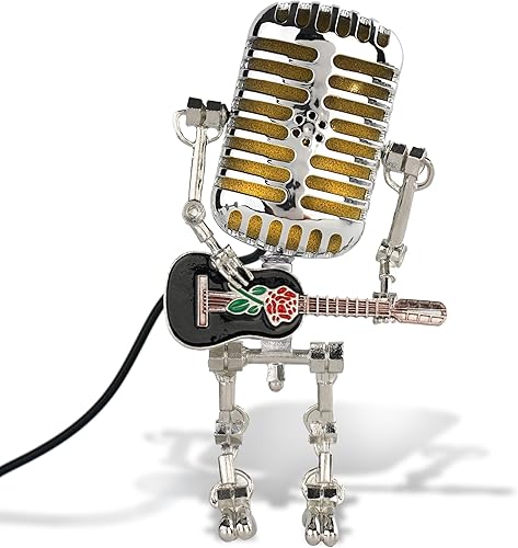 Xmpmrp - Lámpara robot de micrófono vintage, lámpara robot de micrófono de metal con mini guitarra, luz vintage para decoración del hogar, mesita de