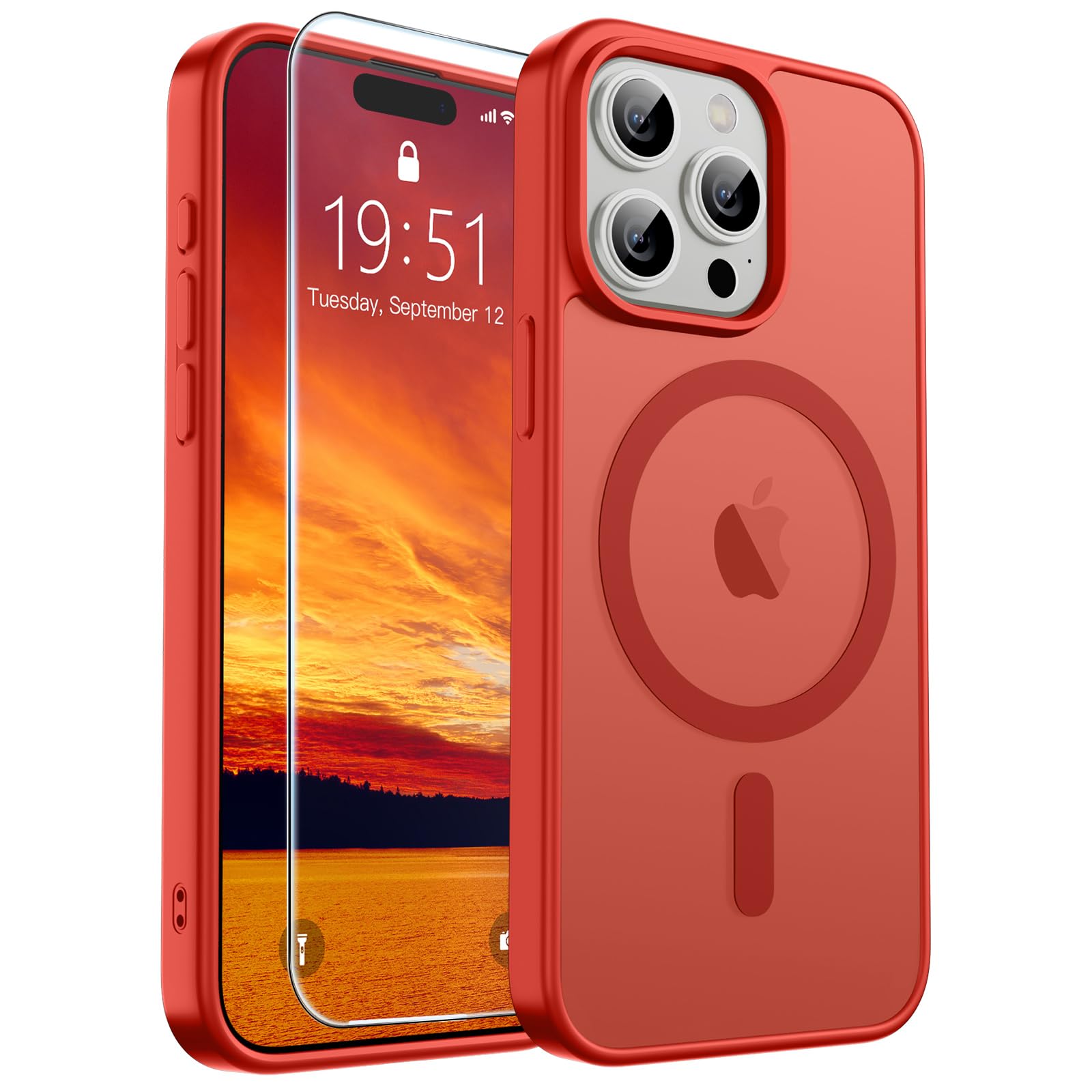 SUPFINE Magnetic for iPhone 15 Pro Max Case Red | With Screen Protector, Translucent Matte, Compatible with MagSafe, Military Grade Drop Proof, Rugged Shockproof Protective