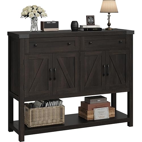 HOSTACK Buffet Sideboard Cabinet with Storage, 47.2" Modern Farmhouse Coffee Bar with 2 Drawers, Barn Door Console Table with Shelf for Kitchen, Dining Room, Living Room, Entryway (Dark Brown)