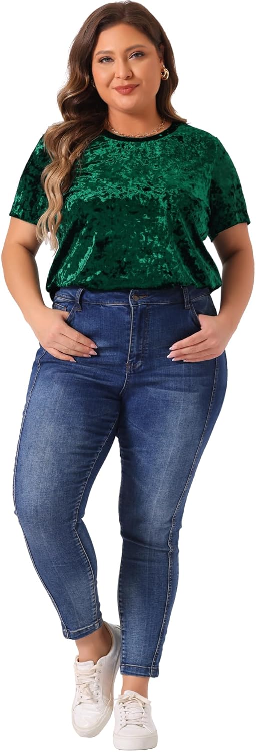 Agnes Orinda Plus Size Tops for Women Crew Neck Short Sleeve Tee Tops Velvet T-Shirt - Image 3