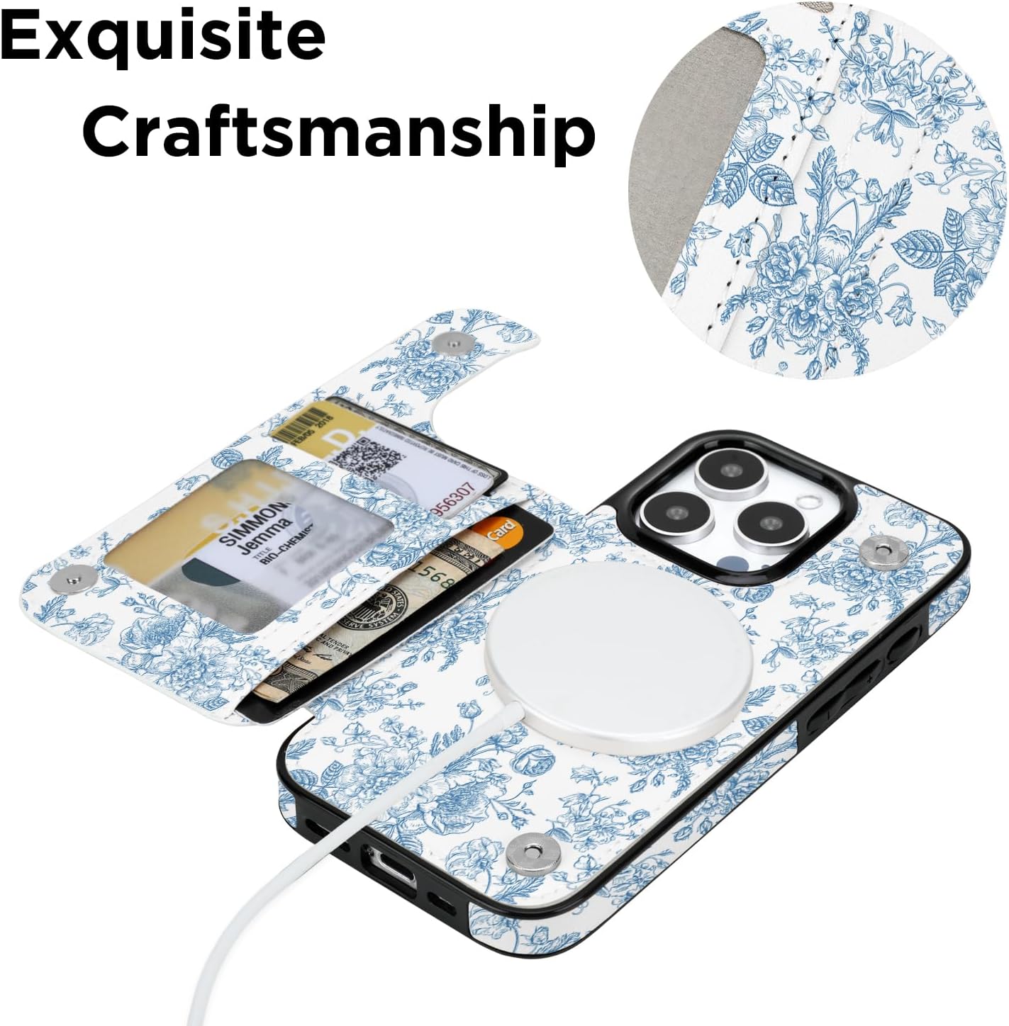 uCOLOR for iPhone 15 Pro 6.1" Wallet Case Magsafe with Card Holder Slot【Compatible with MagSafe】 Folio Flip PU Leather Double Magnetic RFID Design with Camera Lens Protector (Blue Floral)
