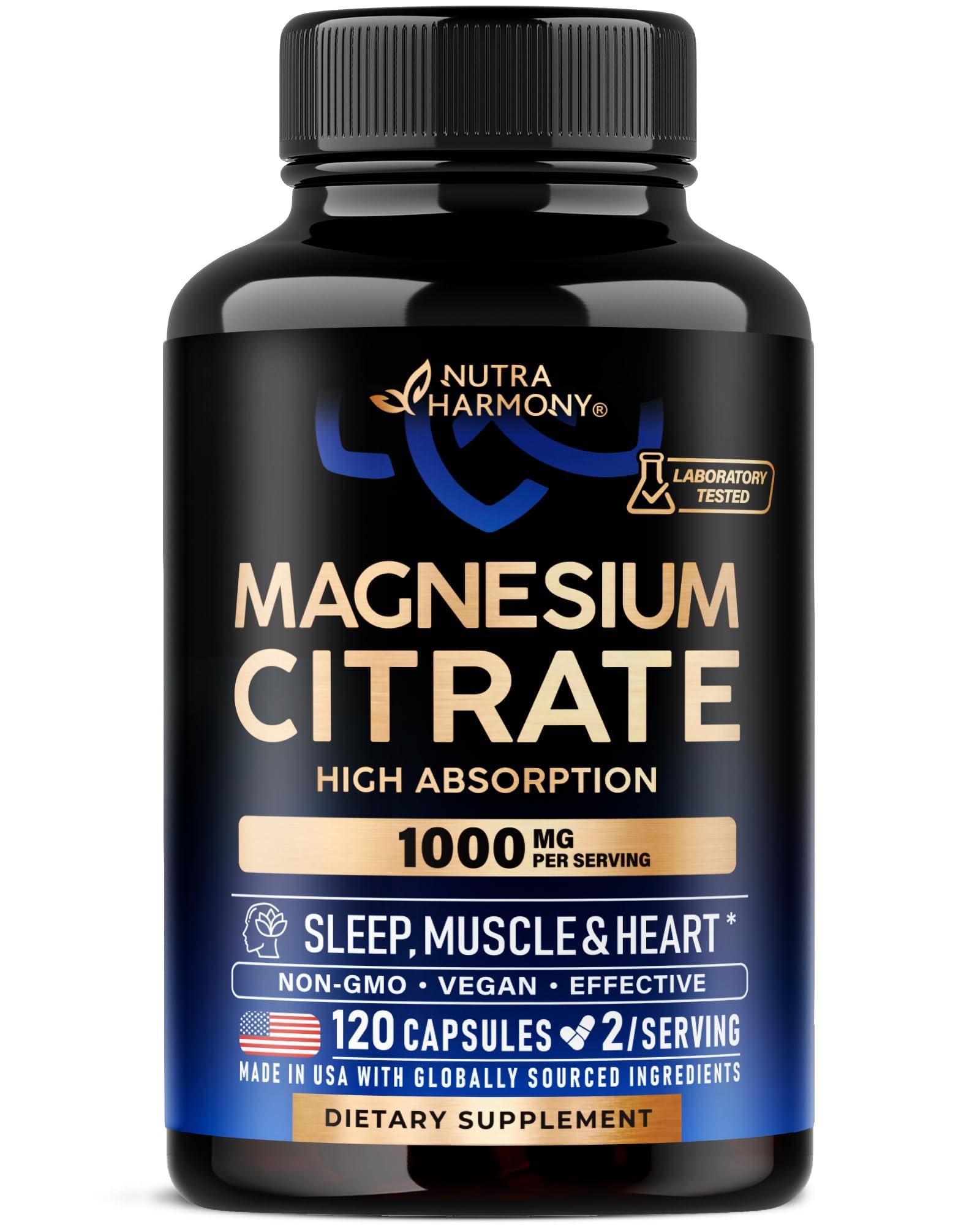Magnesium Citrate Capsules 1000mg - High Absorption, 2 Month Supply | Sleep, Muscle & Heart Support - Vegan - Non-GMO - for Women & Men