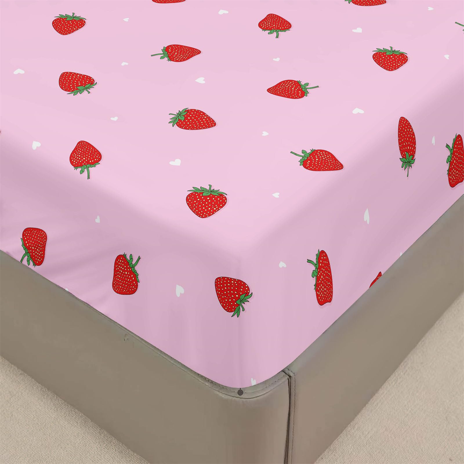 Odot Fitted Sheet Single Double King Size Bed, Cartoon Style All Around Elastic Fitted Sheet Deep Pocket Fitted Sheets Microfibre Bed Sheets Fitted Bed Sheet (90x200+30cm,Red Strawberry)