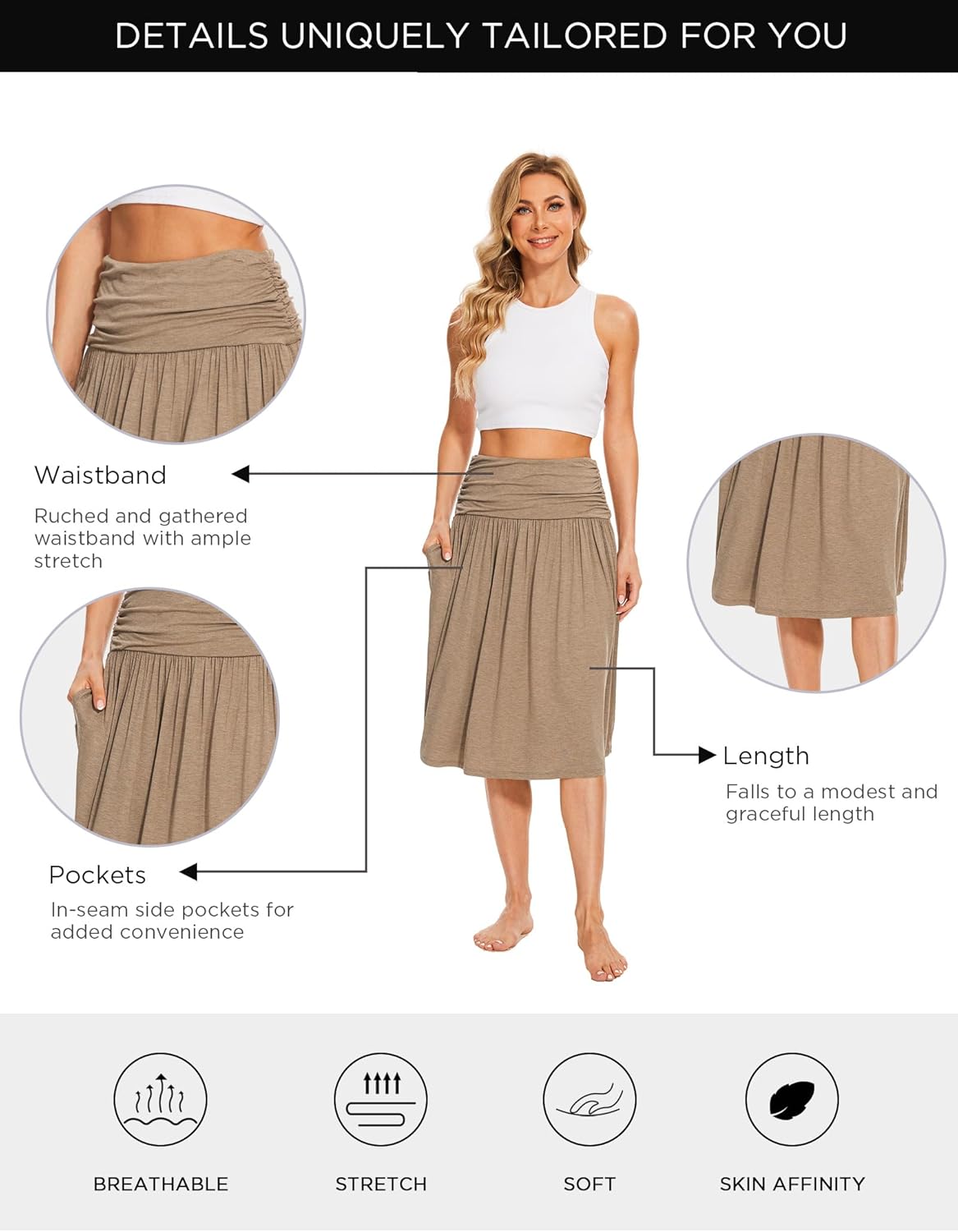 GYS Bamboo Viscose Skirts for Women Knee Length Flowy Ruched High Waist Knit A-Line Casual Summer Skirt with Pockets - Image 4