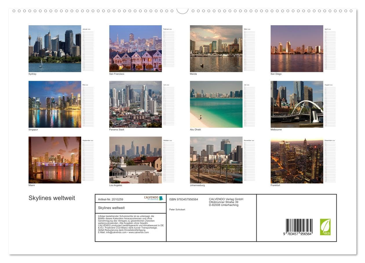 Skylines weltweit (hochwertiger Premium Wandkalender 2026 DIN A2 quer), Kunstdruck in Hochglanz: 13 urbane Ansichten von Skylines auf 5 Kontinenten (CALVENDO Orte)