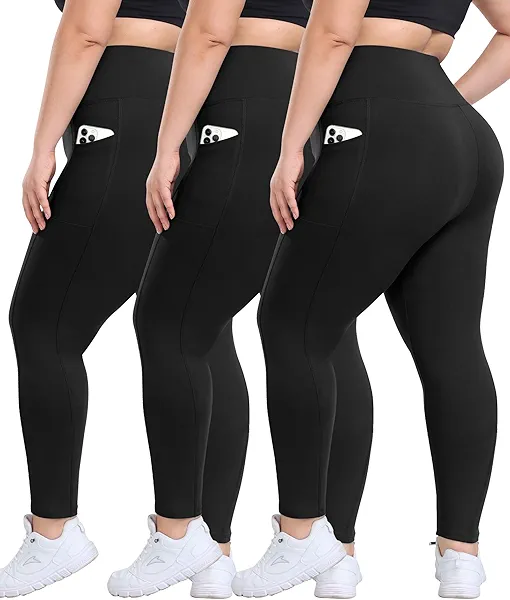 3 Pack Plus Size Leggings with Pockets for Women - High Waisted Tummy Control Spandex Soft Black Workout Yoga Pants 26 inch XX-Large Black/Black/Black