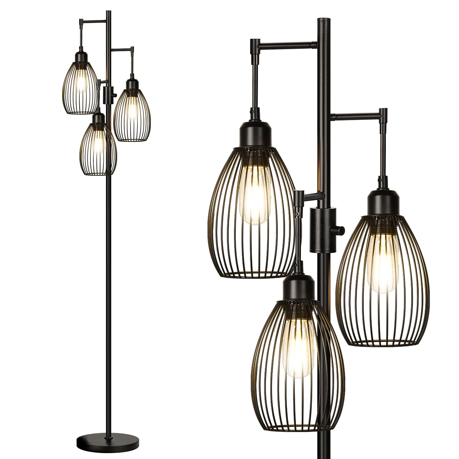 Nintiue Dimmbare Stehlampe Wohnzimmer, 3 x 800 LM LED-Edison-Glühbirnen, Industrie Stehleuchte, Standleuchte mit Elegante tropfenförmige Käfig-Hochlampen für Wohnzimmer und Schlafzimmer