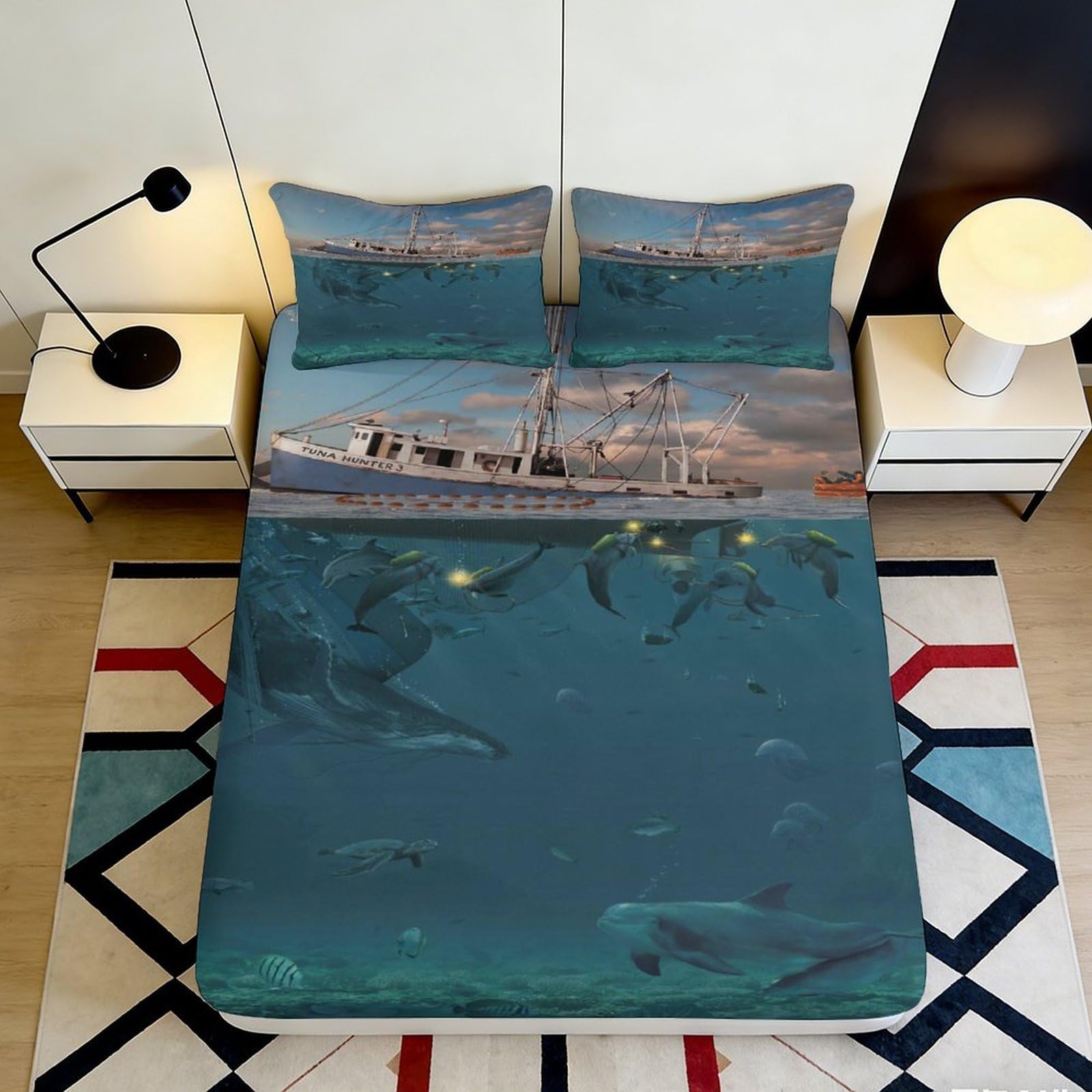 3D Printed Ocean Fishing Boat Fitted Sheet Microfiber Dolphins Underwater Mattress Cover Bedroom Decor 120x200cm 90x200x25cm