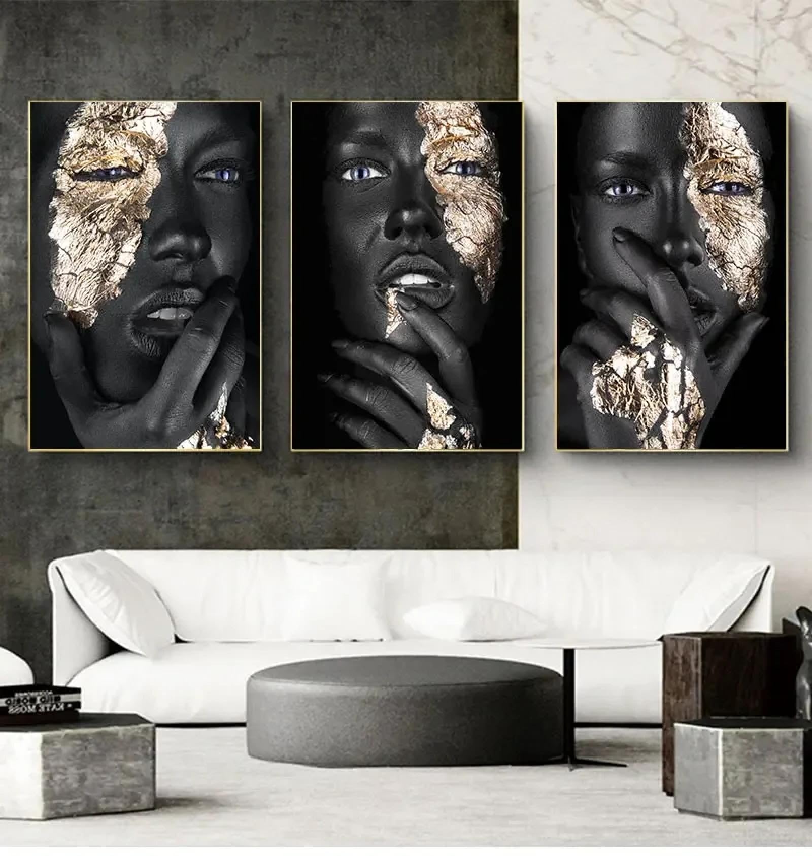 Décoration maison salon avec tableau abstrait femme noir or - 8