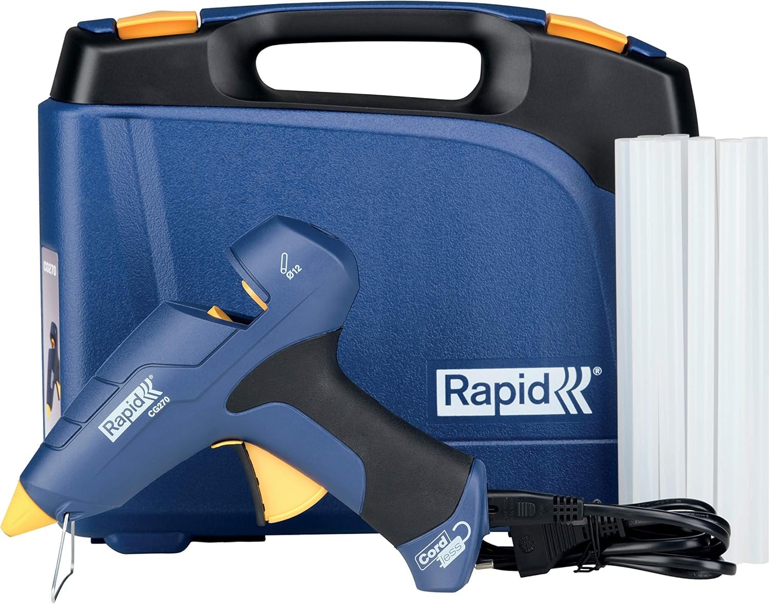Rapid Pistolet à colle à chaud CG270 en coffret avec 10 bâtons de colle pour fixation et réparation avec câble amovible - Malette de rangement - Débit 350g/​heure - 5001445