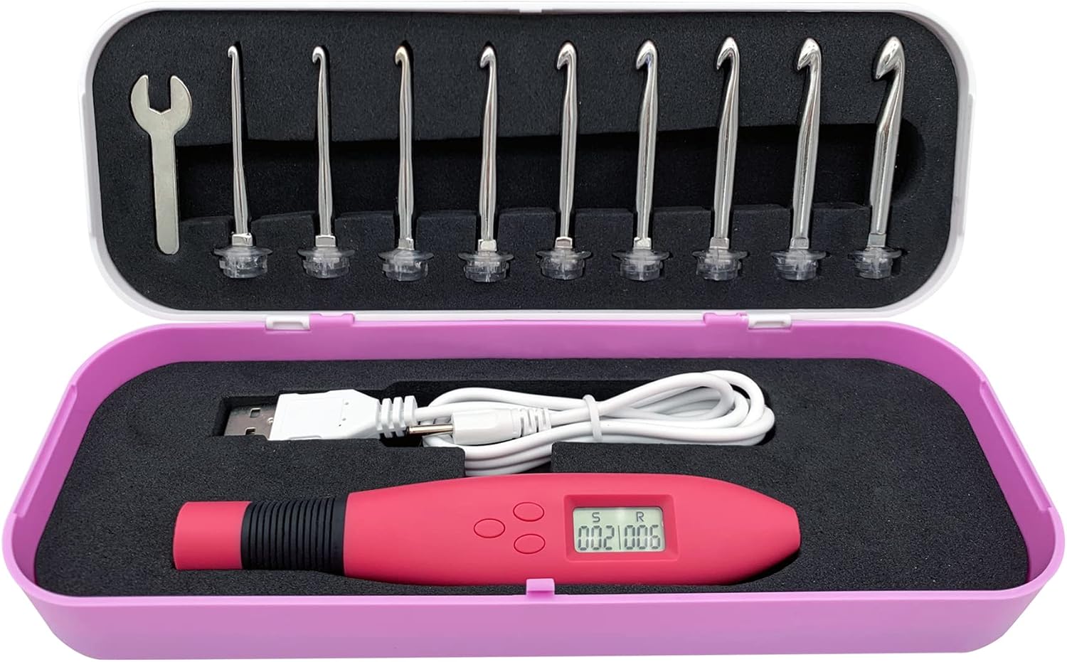 Lighted Counting Crochet Hooks Kit with Display, Ergonomic Rechargeable Crochet Hook Set with Counter to Track Rows and Stitches, 9 Sizes Interchangeable Crochet Hooks