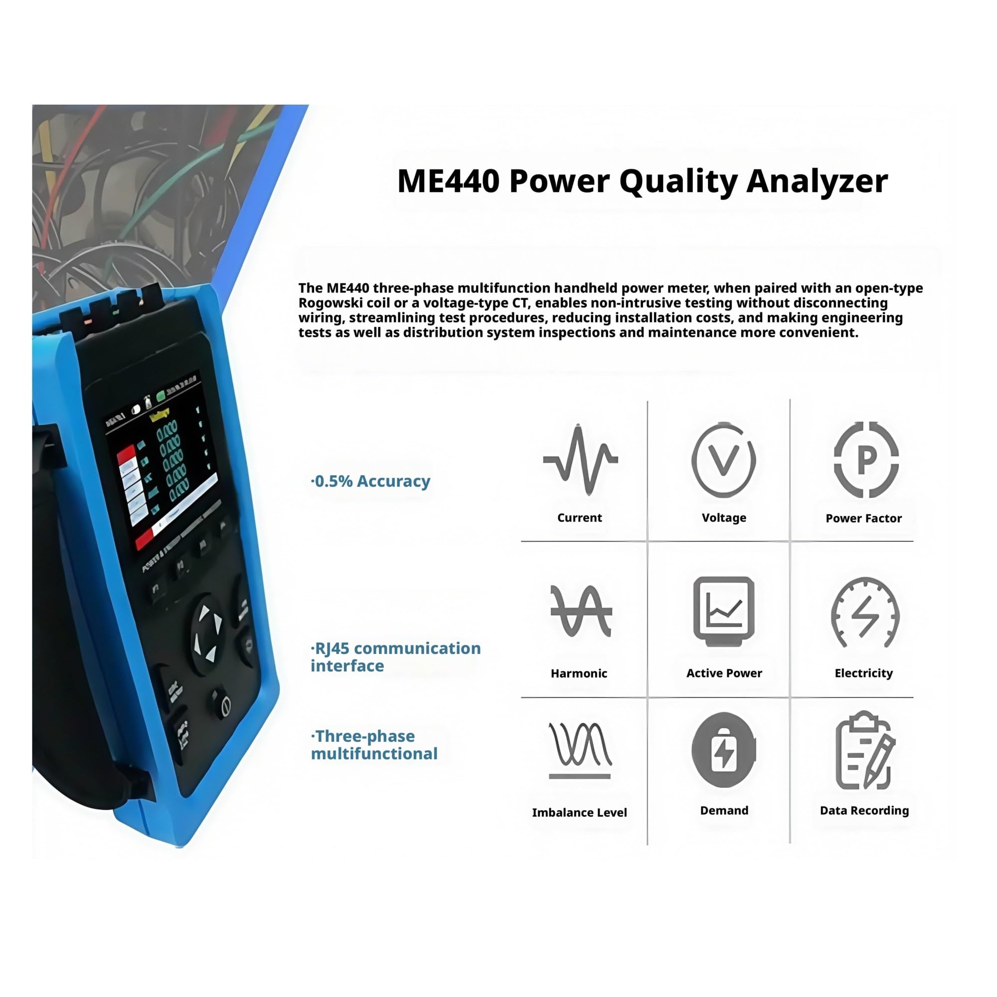 Analizador de Calidad de energía Analizador de Calidad energía ME440 Instrumento Prueba Red eléctrica portátil: Voltaje, Corriente, Potencia, trifásica(Black Waterproof Box)