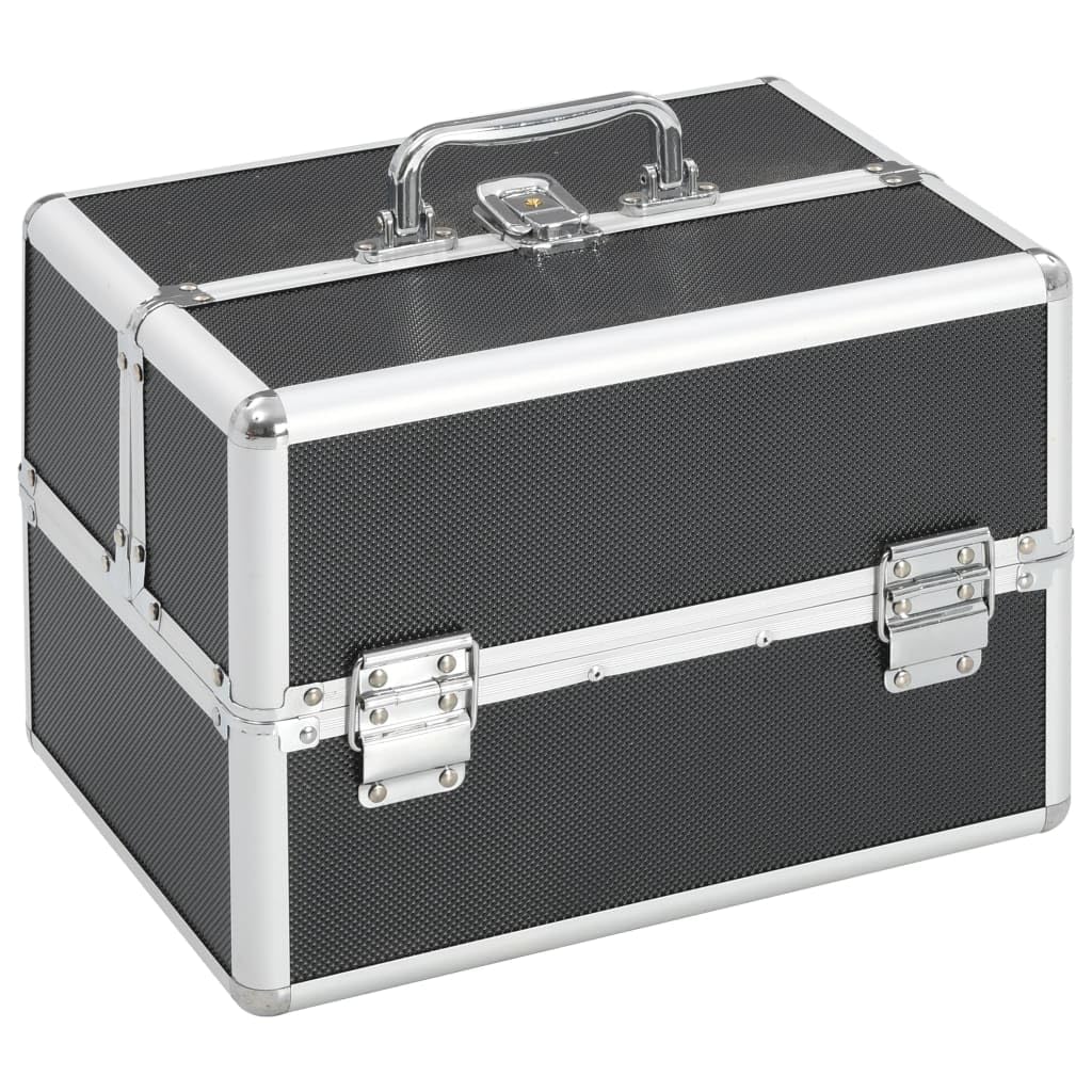 Mangloder Kosmetikkoffer 22x30x21 cm Schwarz Aluminium mit ausziehbarer Platte und Tabletts, wasserabweisend, Tragegriff, abschließbar, ideal für Reise, Beauty, Pflege, Hygiene, Zubehör