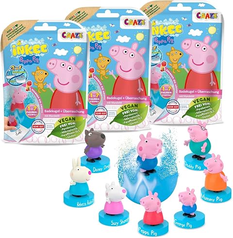 INKEE 3 Pack of Peppa Pig Children's Bath Bombs with Surprise Gift, Fizzy Bath Bombs for Boys and Girls, Fun Flavours and Scents for Bath Time Play and Relaxation
