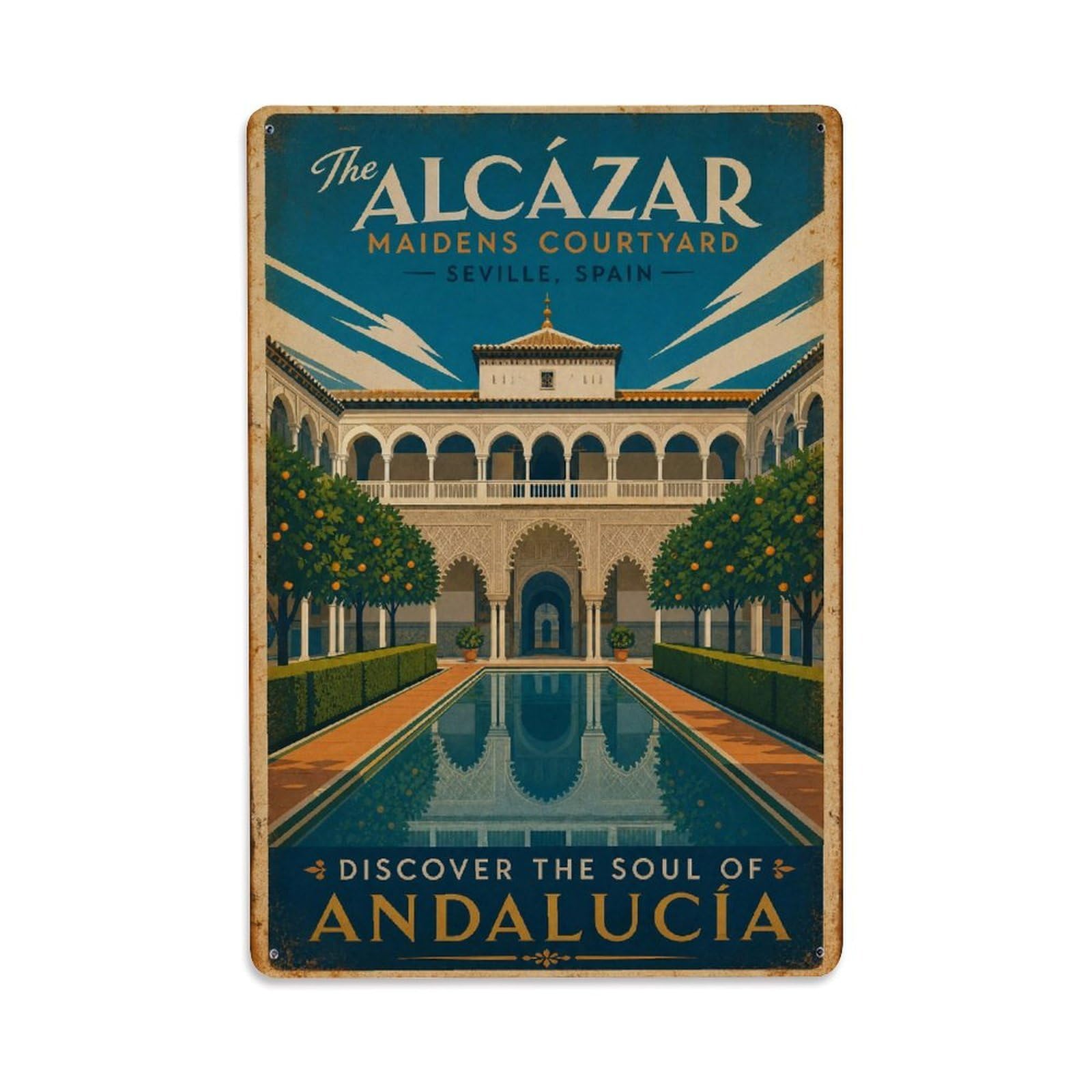 Yrnq 08X12inch Vintage Style Vintage Alcazar Maidens Courtyard Reflecting Pool Spain Metal Tin Sign