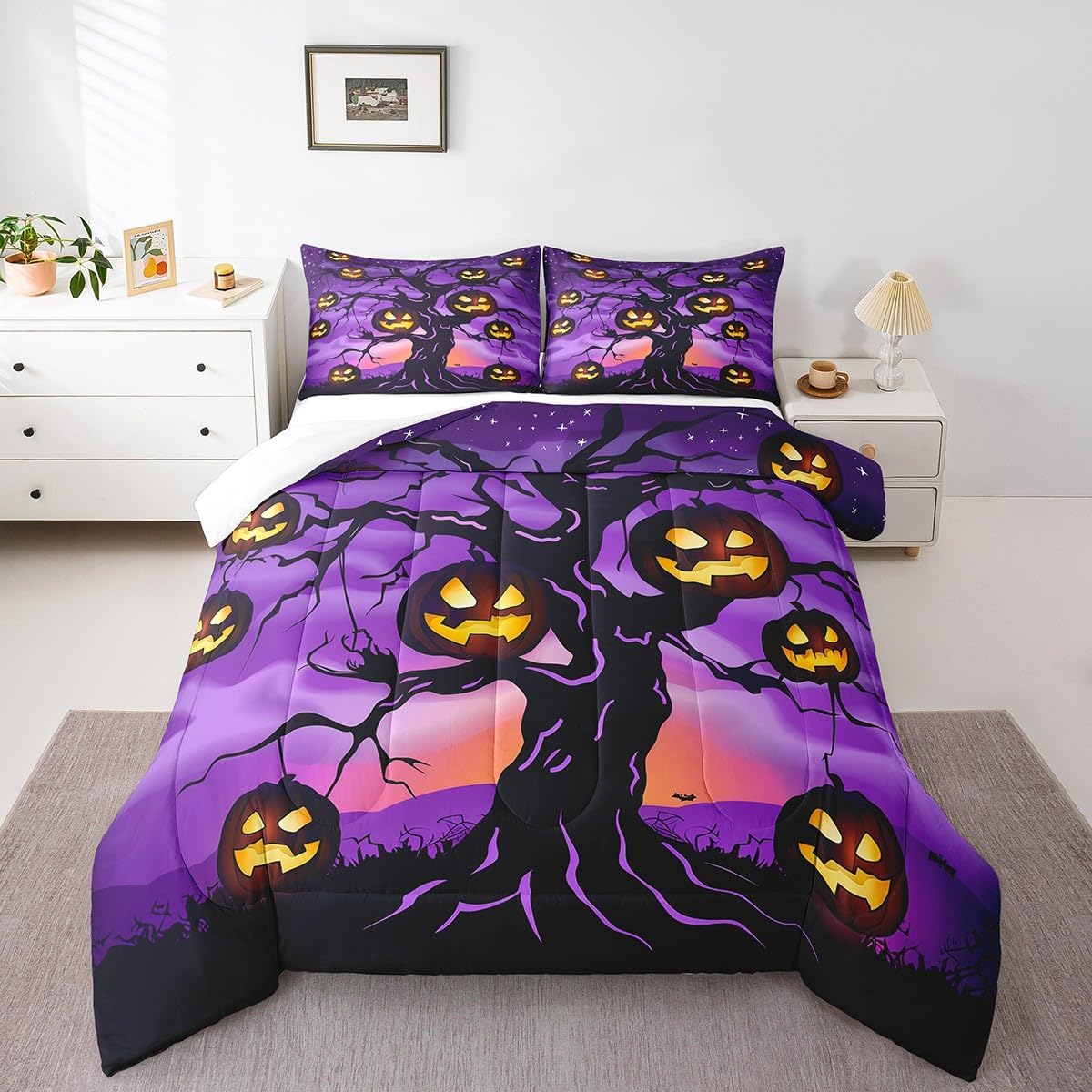 Erosebridal Gradient Black Cat Comforter Set Full Size,Halloween Skull Bedding Set for Youth Adult,Galaxy Moonight Duvet Insert Lightweight,Skeleton Quilt 3 Piece,Halloween Decorations for Home