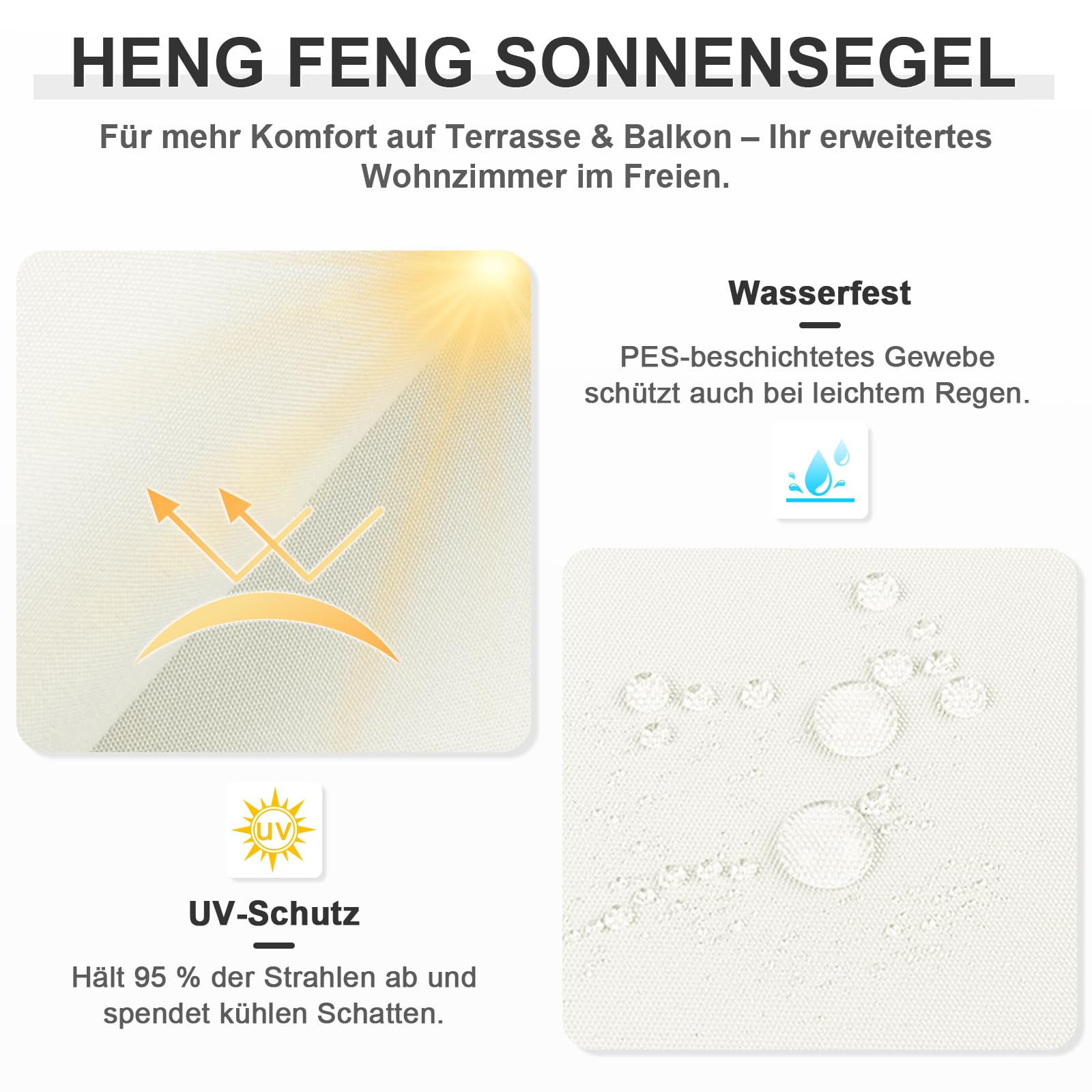 HENG FENG Sonnensegel 4x5m Rechteckig Wasserdicht mit 95% UV-Schutz Sonnenschutz für Garten Terrasse Balkon | Wetterfest & Windstabil aus hochwertigem PES Polyester | Beige